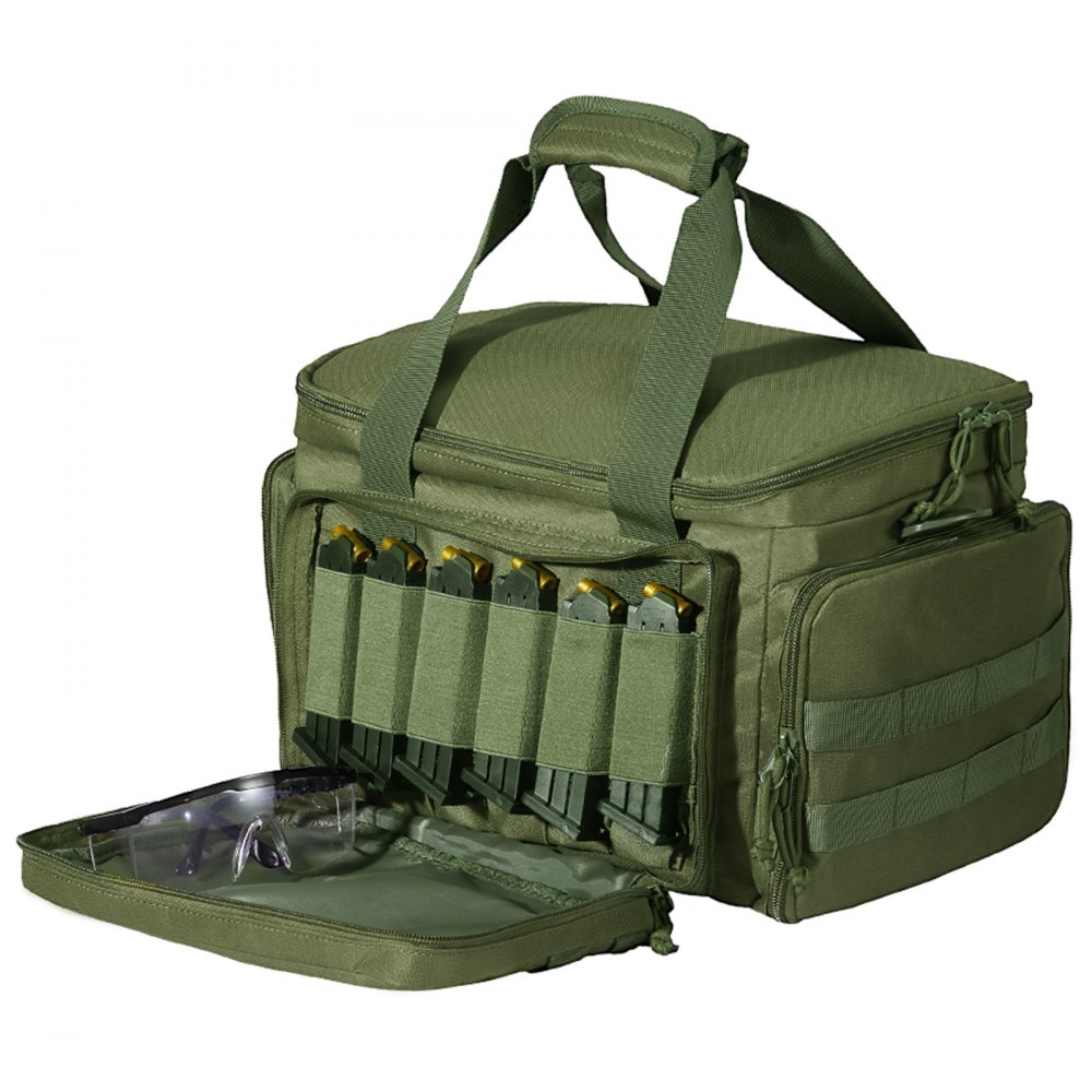 VEVOR Range Bag for 4 Pistols, Tactical Gun Range Bag with 3 Detachable Baffles & 6 Magazines, Firearm Shooting Handgun Bag for Outdoor Hunting Shooting Pistol Bag with Single Shoulder Strip, Green
