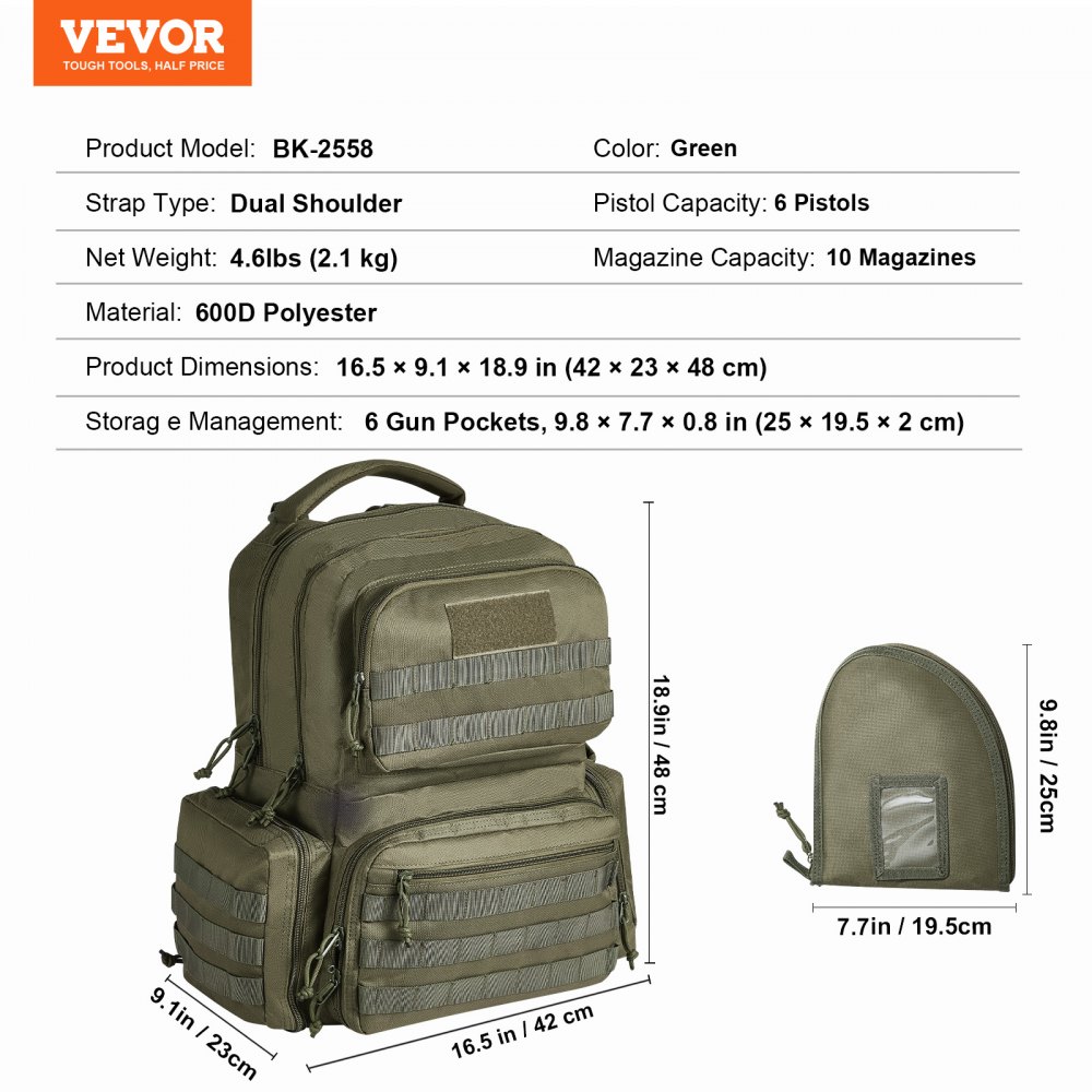 VEVOR Tactical Range Backpack for 6 Pistols, Gun Backpack with 6 Independent Pistol Bags & 10 Magazines, Pistol Backpack for Outdoor Hunting Shooting, Range Bag for Handguns Lockable Zipper,  Green