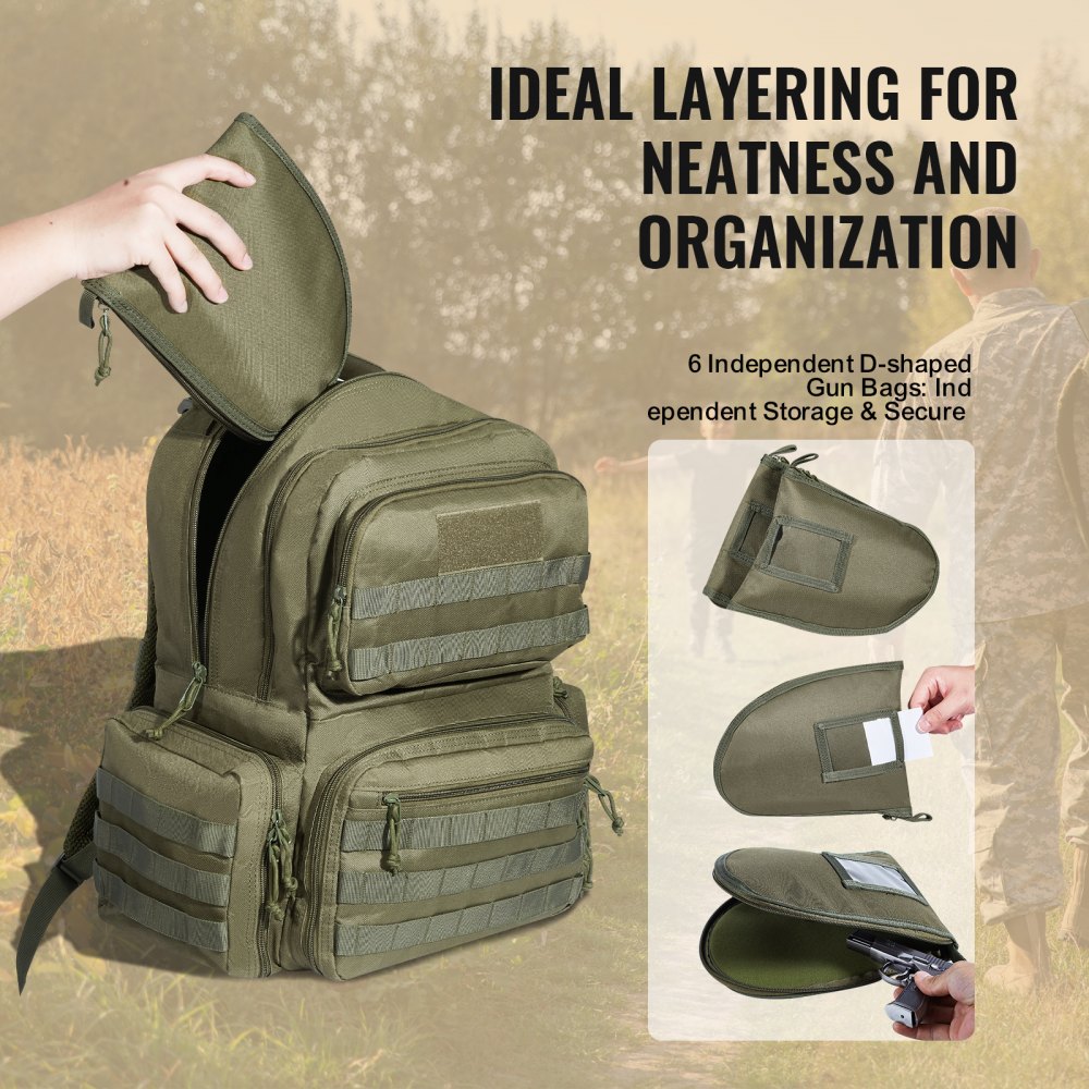 VEVOR Tactical Range Backpack for 6 Pistols, Gun Backpack with 6 Independent Pistol Bags & 10 Magazines, Pistol Backpack for Outdoor Hunting Shooting, Range Bag for Handguns Lockable Zipper,  Green