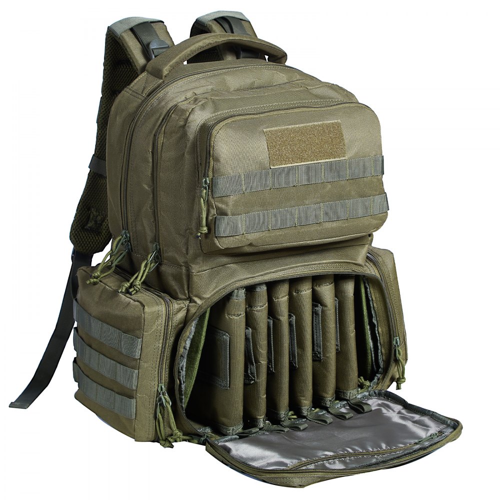 VEVOR Tactical Range Backpack for 6 Pistols, Gun Backpack with 6 Independent Pistol Bags & 10 Magazines, Pistol Backpack for Outdoor Hunting Shooting, Range Bag for Handguns Lockable Zipper,  Green