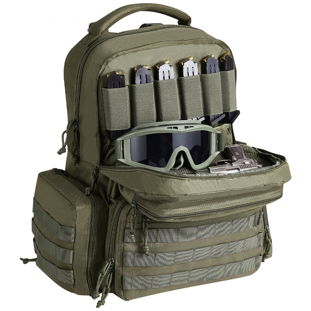 VEVOR Tactical Range Backpack for 6 Pistols, Gun Backpack with 6 Independent Pistol Bags & 10 Magazines, Pistol Backpack for Outdoor Hunting Shooting, Range Bag for Handguns Lockable Zipper,  Green