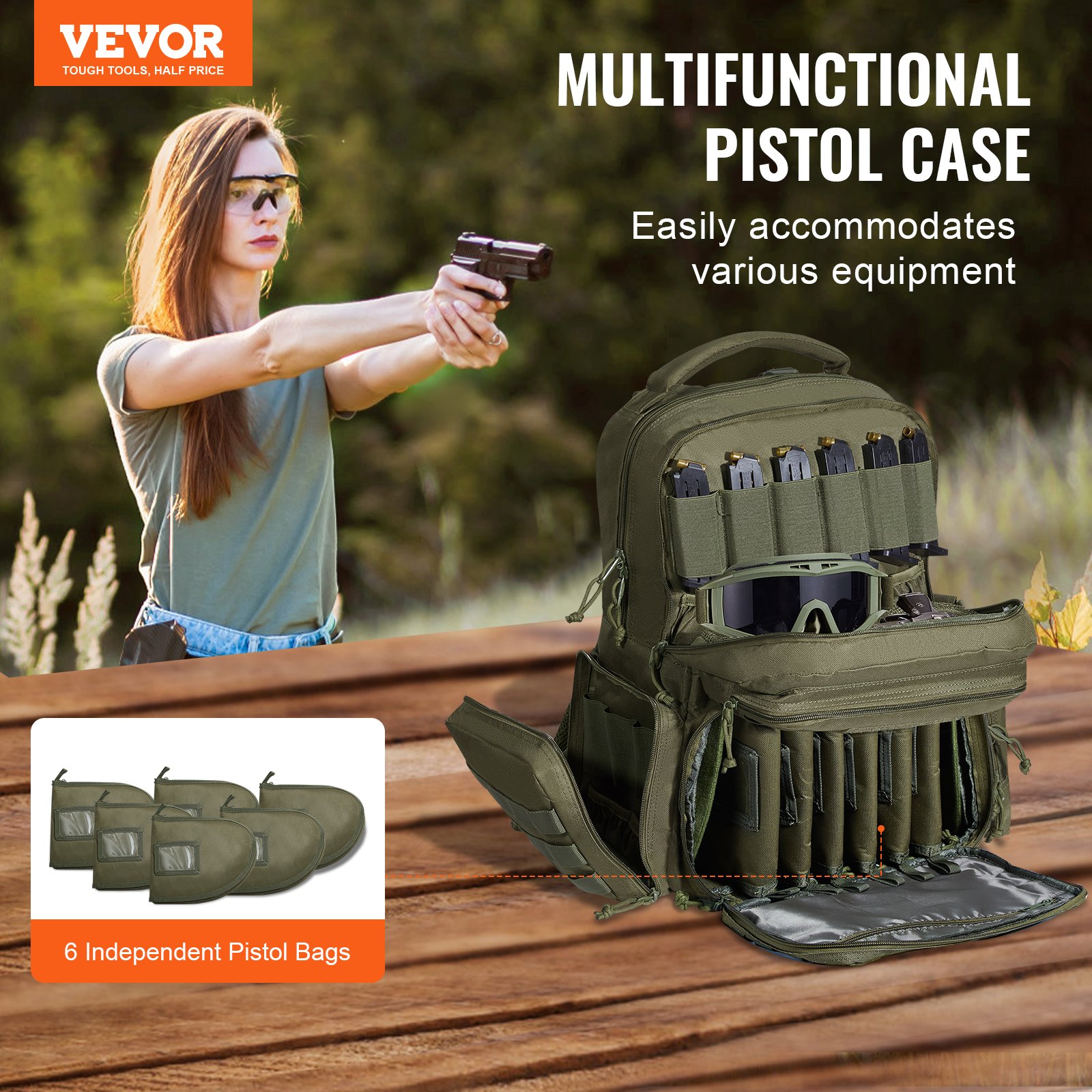 VEVOR Tactical Range Backpack for 6 Pistols, Gun Backpack with 6 Independent Pistol Bags & 10 Magazines, Pistol Backpack for Outdoor Hunting Shooting, Range Bag for Handguns Lockable Zipper,  Green