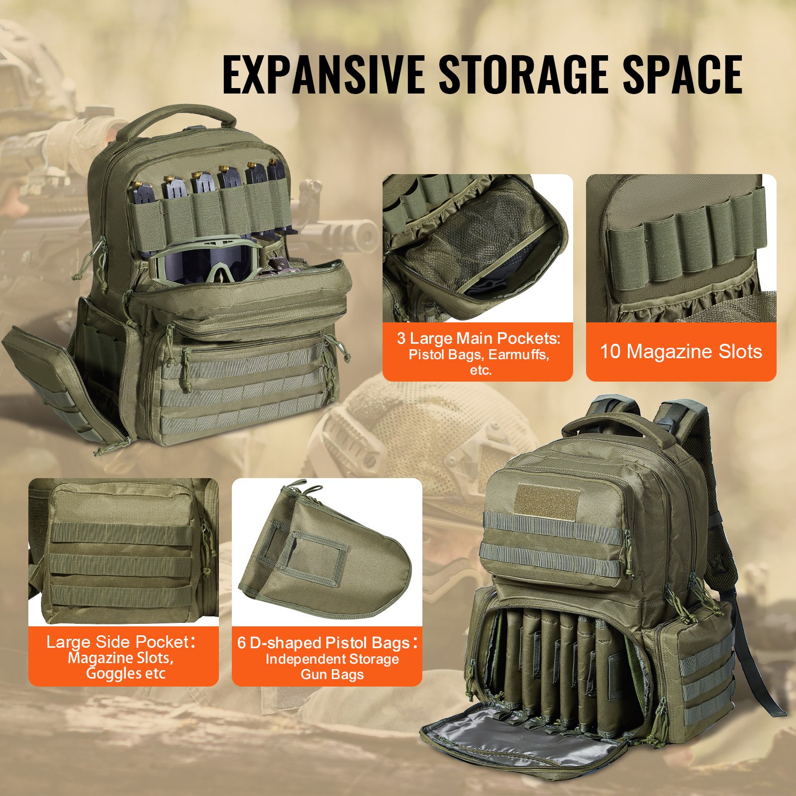 VEVOR Tactical Range Backpack for 6 Pistols, Gun Backpack with 6 Independent Pistol Bags & 10 Magazines, Pistol Backpack for Outdoor Hunting Shooting, Range Bag for Handguns Lockable Zipper,  Green