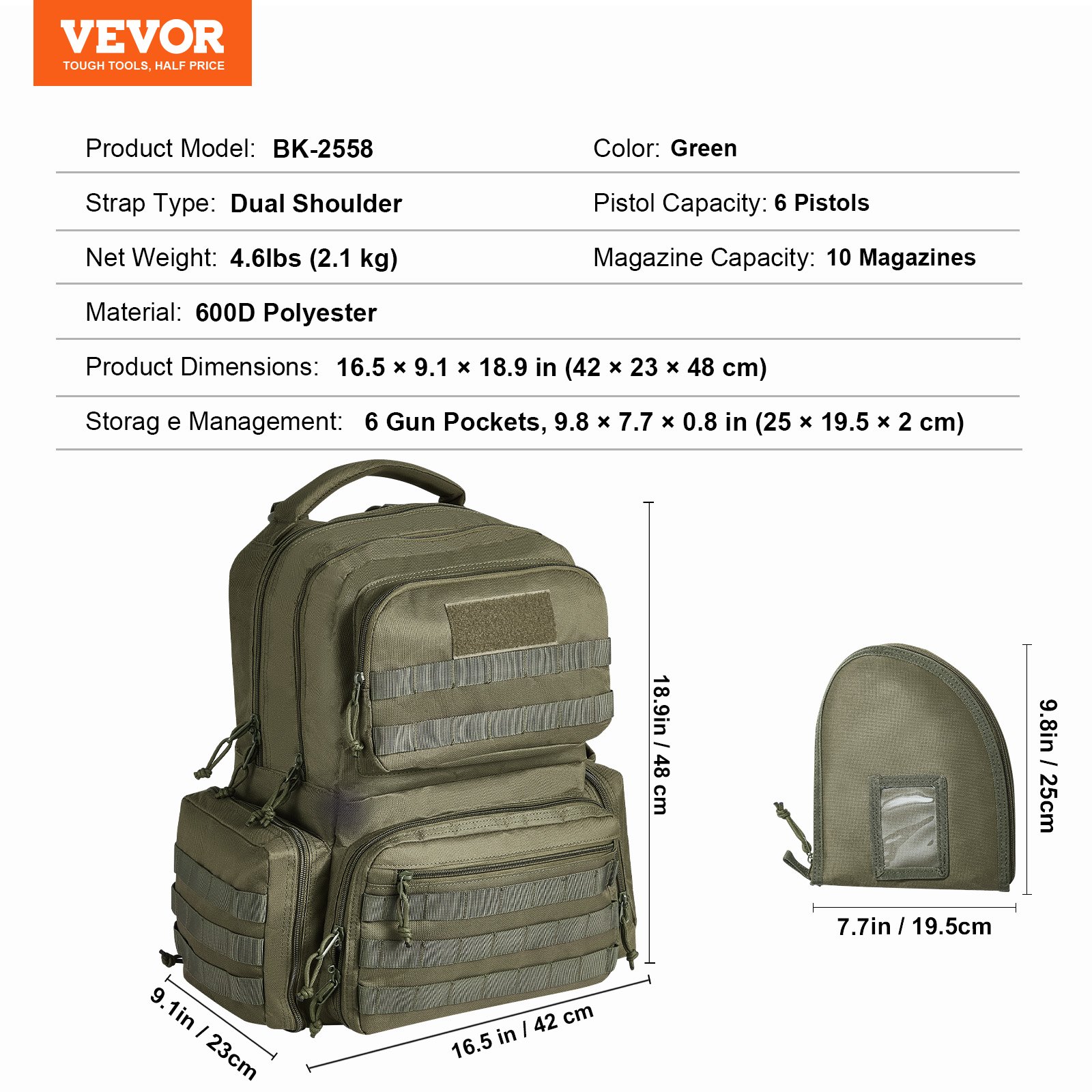 VEVOR Tactical Range Backpack for 6 Pistols, Gun Backpack with 6 Independent Pistol Bags & 10 Magazines, Pistol Backpack for Outdoor Hunting Shooting, Range Bag for Handguns Lockable Zipper,  Green