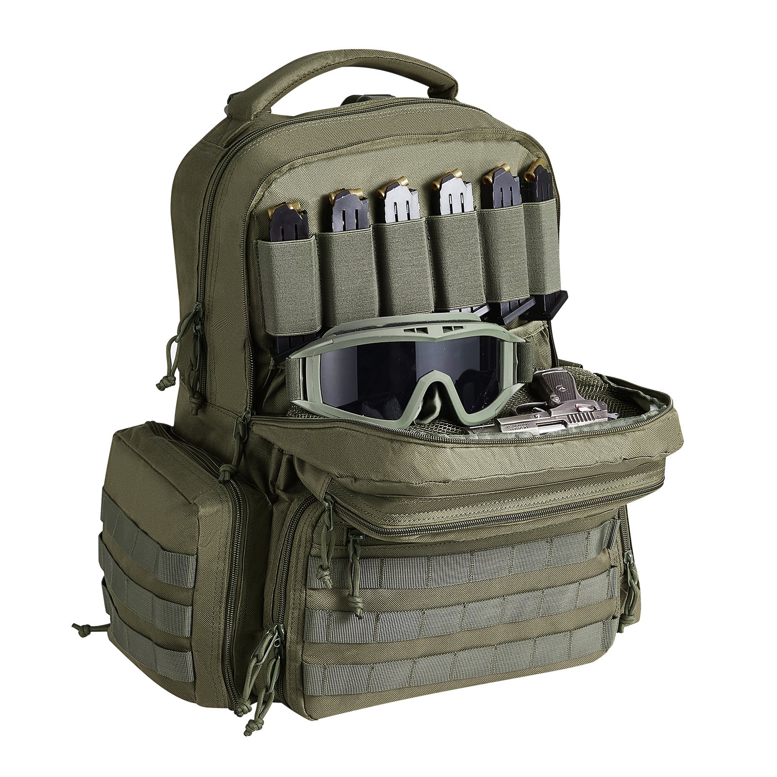 VEVOR Tactical Range Backpack for 6 Pistols, Gun Backpack with 6 Independent Pistol Bags & 10 Magazines, Pistol Backpack for Outdoor Hunting Shooting, Range Bag for Handguns Lockable Zipper,  Green