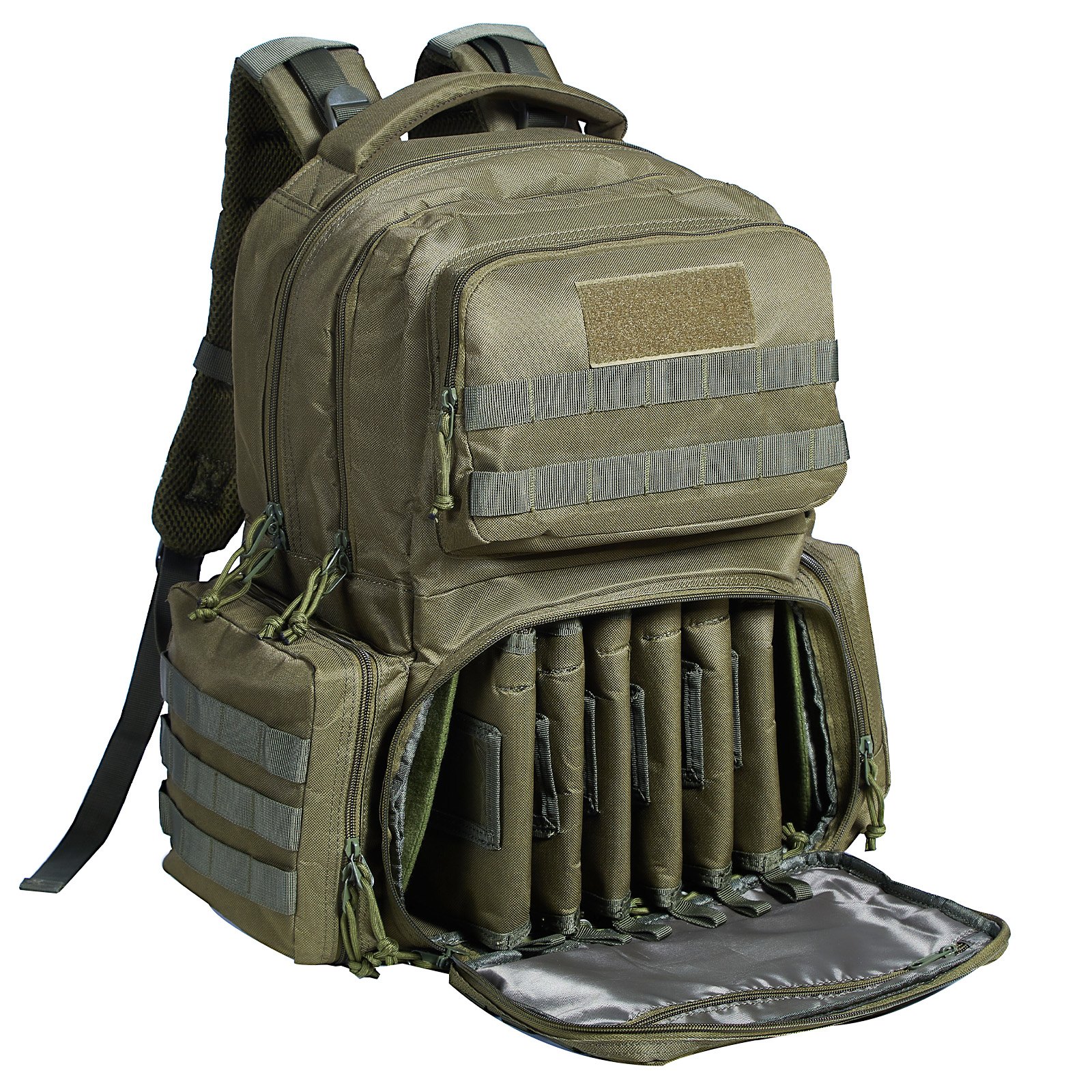 VEVOR Tactical Range Backpack for 6 Pistols, Gun Backpack with 6 Independent Pistol Bags & 10 Magazines, Pistol Backpack for Outdoor Hunting Shooting, Range Bag for Handguns Lockable Zipper,  Green