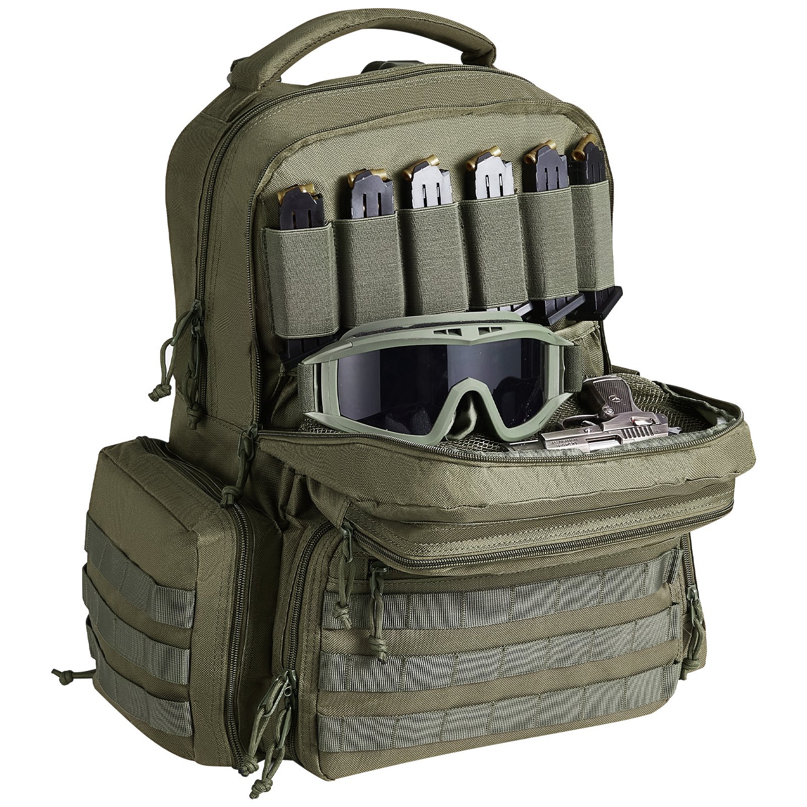 VEVOR Tactical Range Backpack for 6 Pistols, Gun Backpack with 6 Independent Pistol Bags & 10 Magazines, Pistol Backpack for Outdoor Hunting Shooting, Range Bag for Handguns Lockable Zipper,  Green
