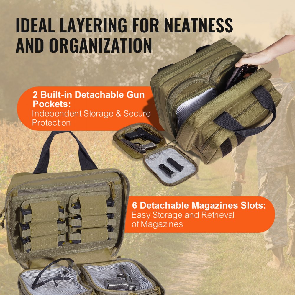 VEVOR Range Bag for 2 Pistols, Tactical Gun Bag with 2 Built-in Removable Pistol Bags & 6 Detachable Magazines, Gun Range Bag for Outdoor Hunting Shooting, Lockable Carrying Handgun Bag Case, Brown