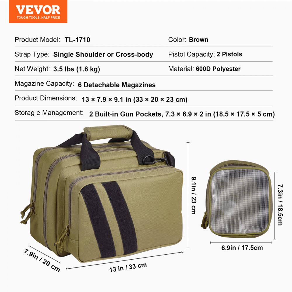 VEVOR Range Bag for 2 Pistols, Tactical Gun Bag with 2 Built-in Removable Pistol Bags & 6 Detachable Magazines, Gun Range Bag for Outdoor Hunting Shooting, Lockable Carrying Handgun Bag Case, Brown