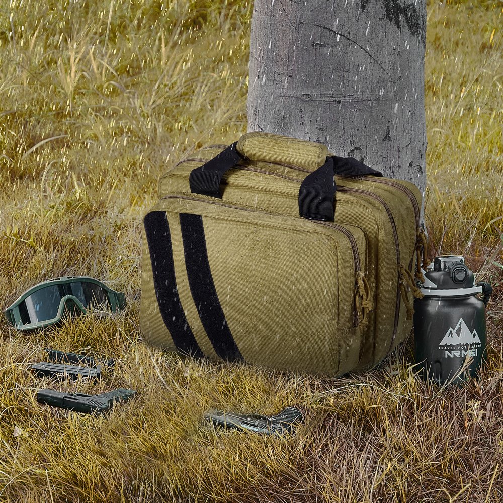 VEVOR Range Bag for 2 Pistols, Tactical Gun Bag with 2 Built-in Removable Pistol Bags & 6 Detachable Magazines, Gun Range Bag for Outdoor Hunting Shooting, Lockable Carrying Handgun Bag Case, Brown
