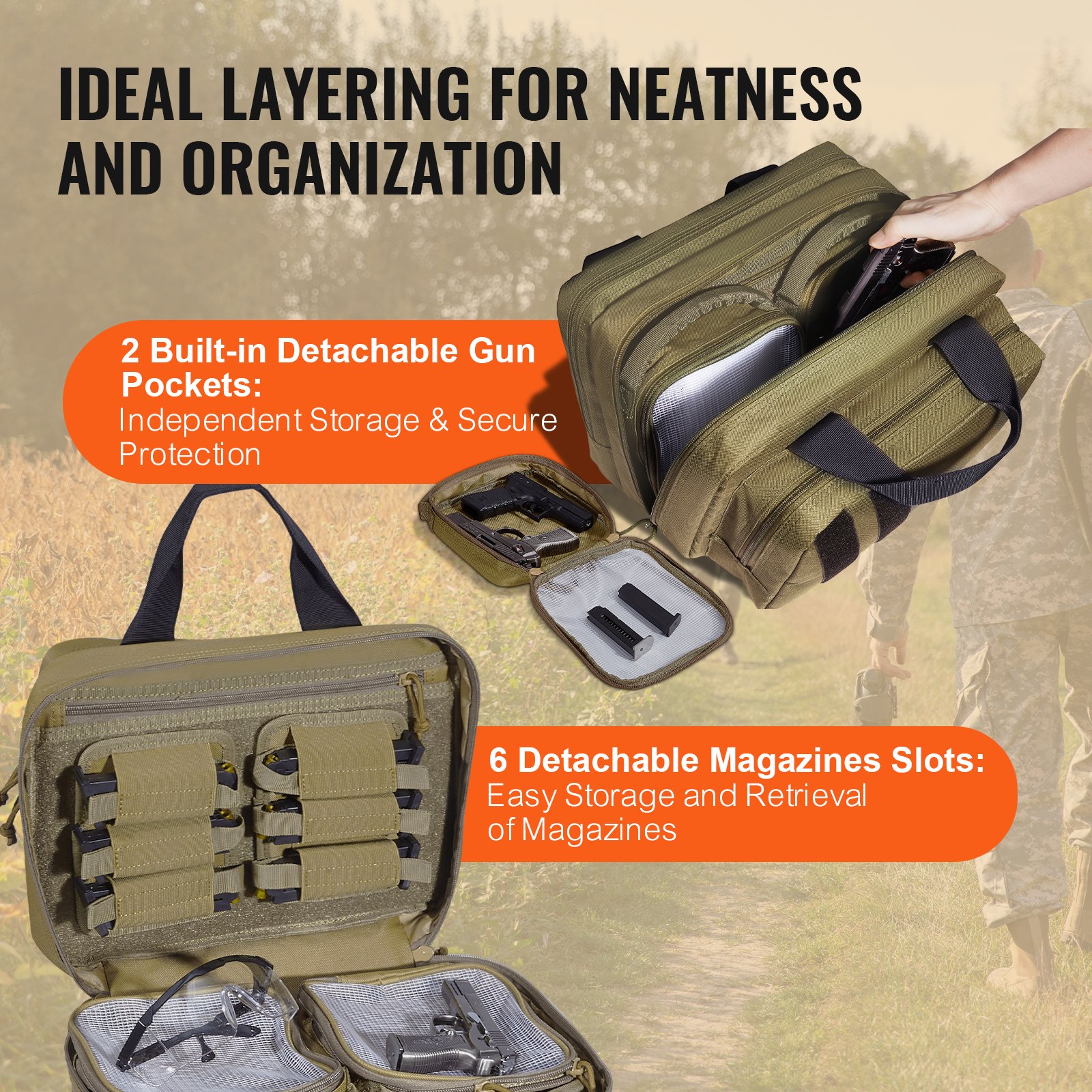 VEVOR Range Bag for 2 Pistols, Tactical Gun Bag with 2 Built-in Removable Pistol Bags & 6 Detachable Magazines, Gun Range Bag for Outdoor Hunting Shooting, Lockable Carrying Handgun Bag Case, Brown