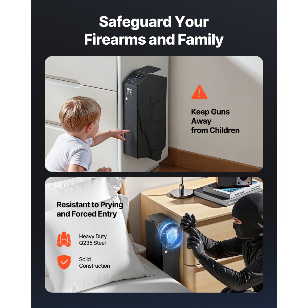 VEVOR Gun Safe, Slider Handgun Gun Safe with Screen, Fingerprint/Password/Key, 3-Way Quick Access Firearm Case Box with LED for 1 Pistol & Magazine, Mounted Gun Box for Nightstand Bedside Desk Car