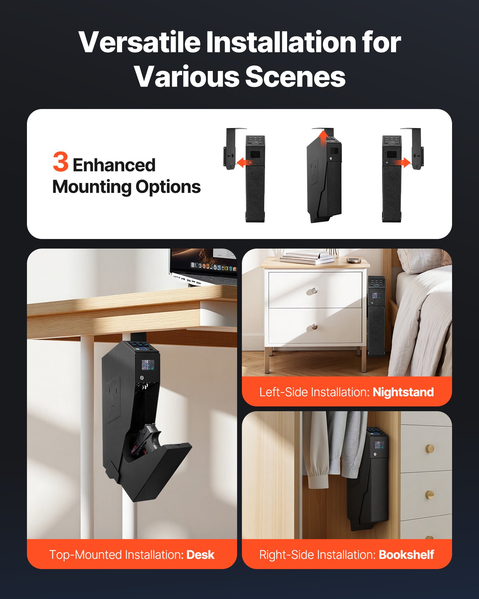 VEVOR Gun Safe, Slider Handgun Gun Safe with Screen, Fingerprint/Password/Key, 3-Way Quick Access Firearm Case Box with LED for 1 Pistol & Magazine, Mounted Gun Box for Nightstand Bedside Desk Car