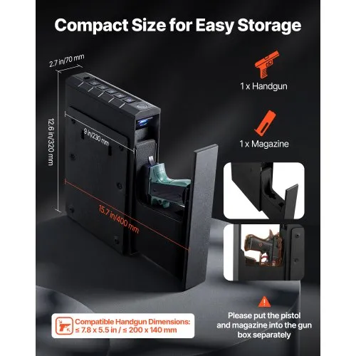 VEVOR Gun Safe – Slider Pistol Safe With Fingerprint, Password & Key Access, Holds 1 Handgun + Magazine, Blue Light, Silent Mode, Anti-Pry, Mountable