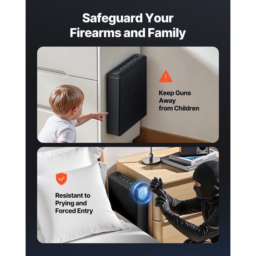 VEVOR Gun Safe, Slider Handgun Gun Safe with Fingerprint/Password/Key, 3-Way Quick Access Firearm Case Box with Lighting for 1 Pistol & Magazine, Mounted Pistol Gun Box for Nightstand Bedside Desk Car