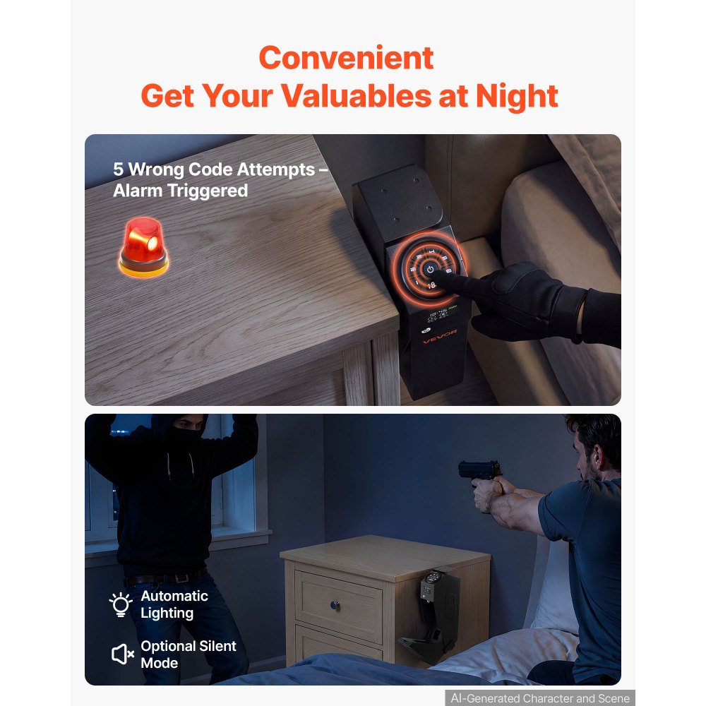 VEVOR Gun Safe for Handgun Biometric Fingerprint Pistol Safe 4-Way Access, for Bedroom Nightstand, Desks, Thick Steel Construction, with LCD Display, Automatic Lighting, Optional Silent Mode, Black