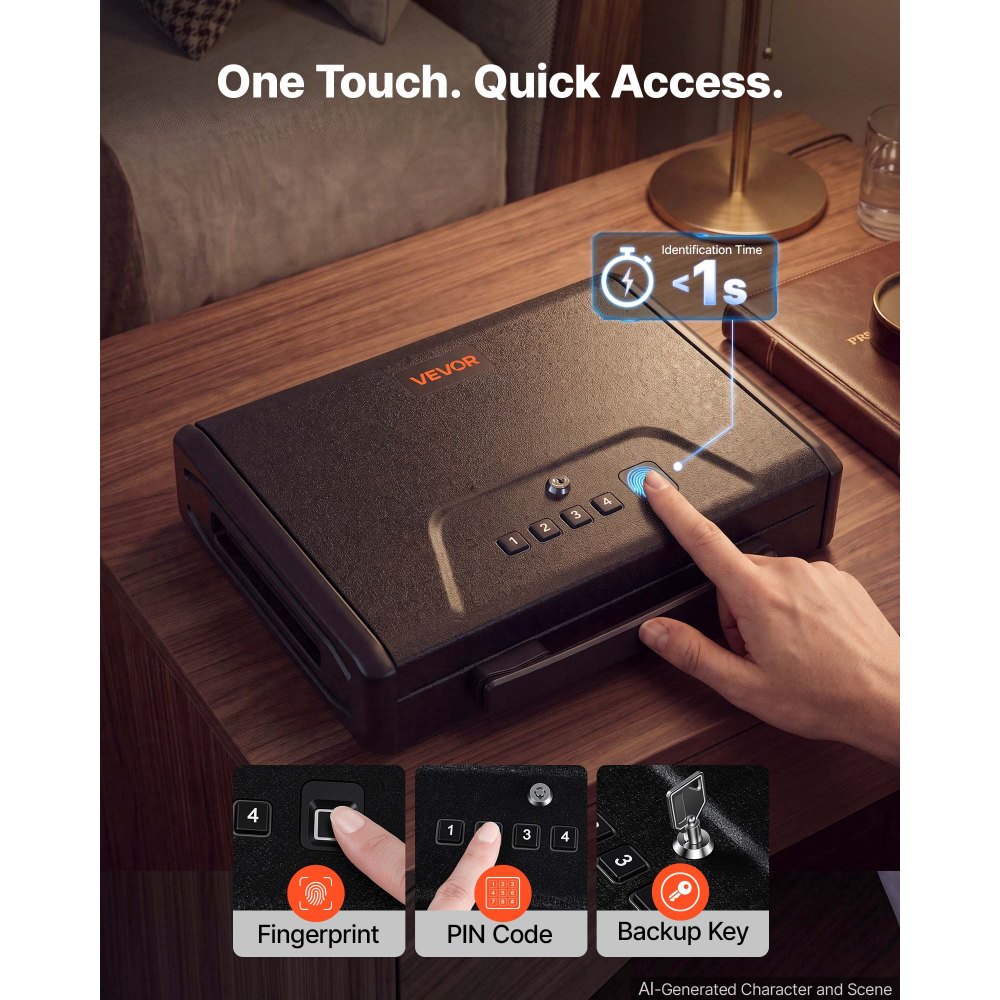 VEVOR Gun Safe for Handgun Portable Biometric Fingerprint Pistol Gun Safe, for Nightstand, Travel, Car, 3-Way Quick Access, Thick Steel Construction, with Carry Handle, Optional Silent Mode, Black