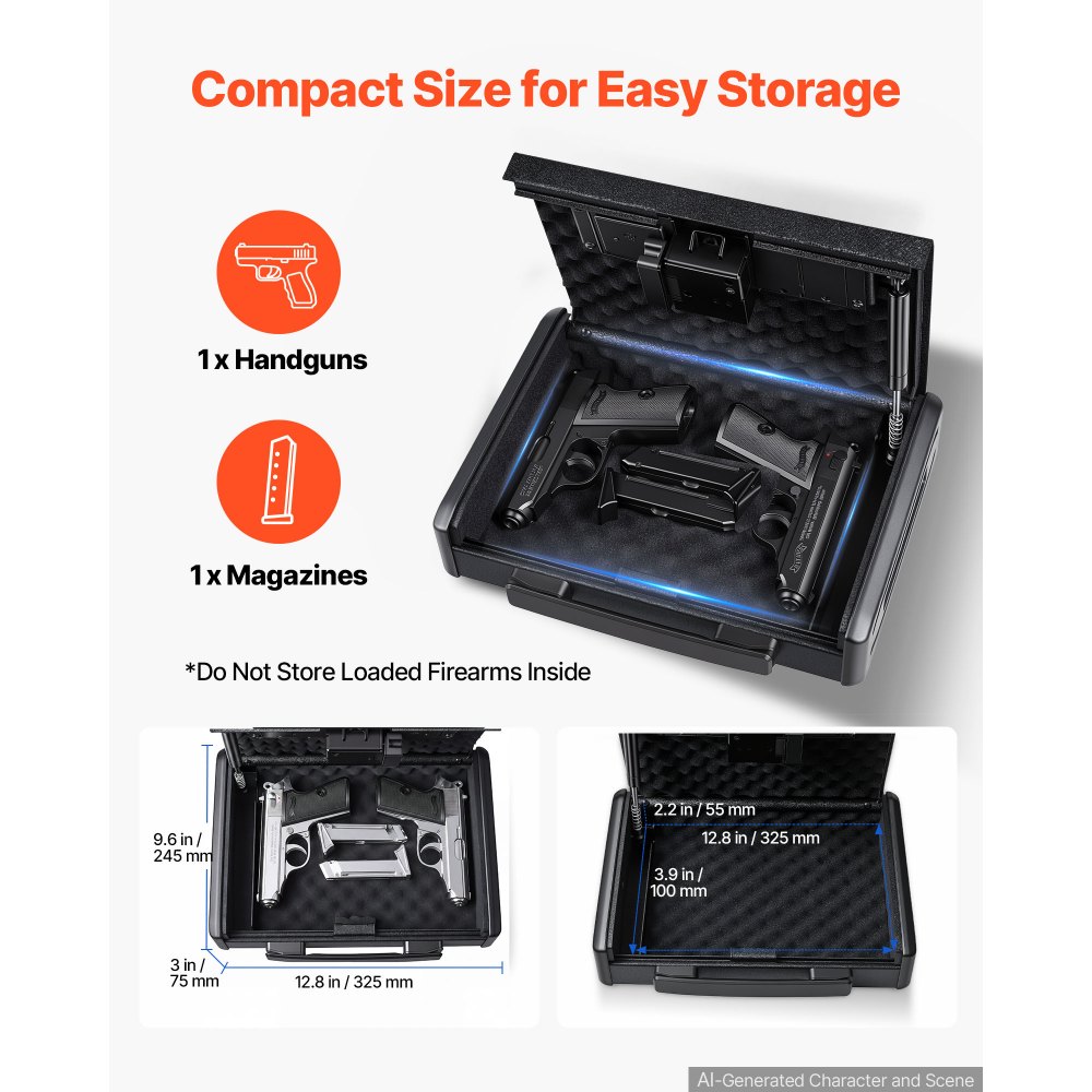 VEVOR Gun Safe for Handgun Portable Biometric Fingerprint Pistol Gun Safe, for Nightstand, Travel, Car, 3-Way Quick Access, Thick Steel Construction, with Carry Handle, Optional Silent Mode, Black