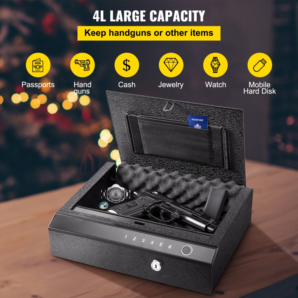 VEVOR Gun Safe, Q235 Steel Pistol Safe, 3-Way Quick Access Firearm Case Box, 4L Gun Box, Advanced Biometric Technology Travel Gun Safe, Portable Design Safe for Pistol, Handgun, Cash, Jewelry, Watch