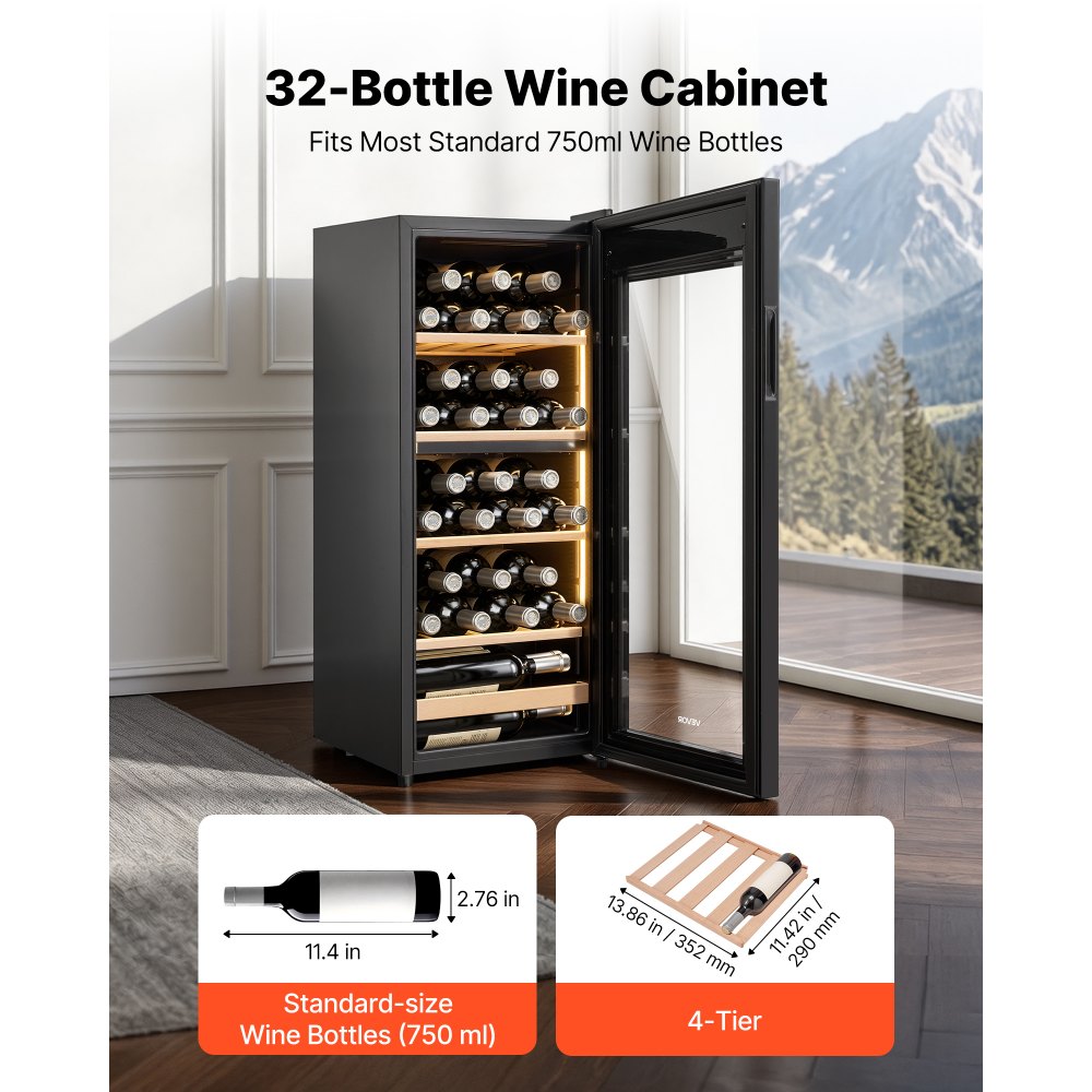 VEVOR 32 Bottle Wine Fridge, Freestanding Wine Cooler Refrigerator, Dual Zone Cooler, 41℉ to 65℉ Adjustable Temp Mini Cellar, Glass Door, For Home Office Bar, Red White Champagne or Sparkling Wines
