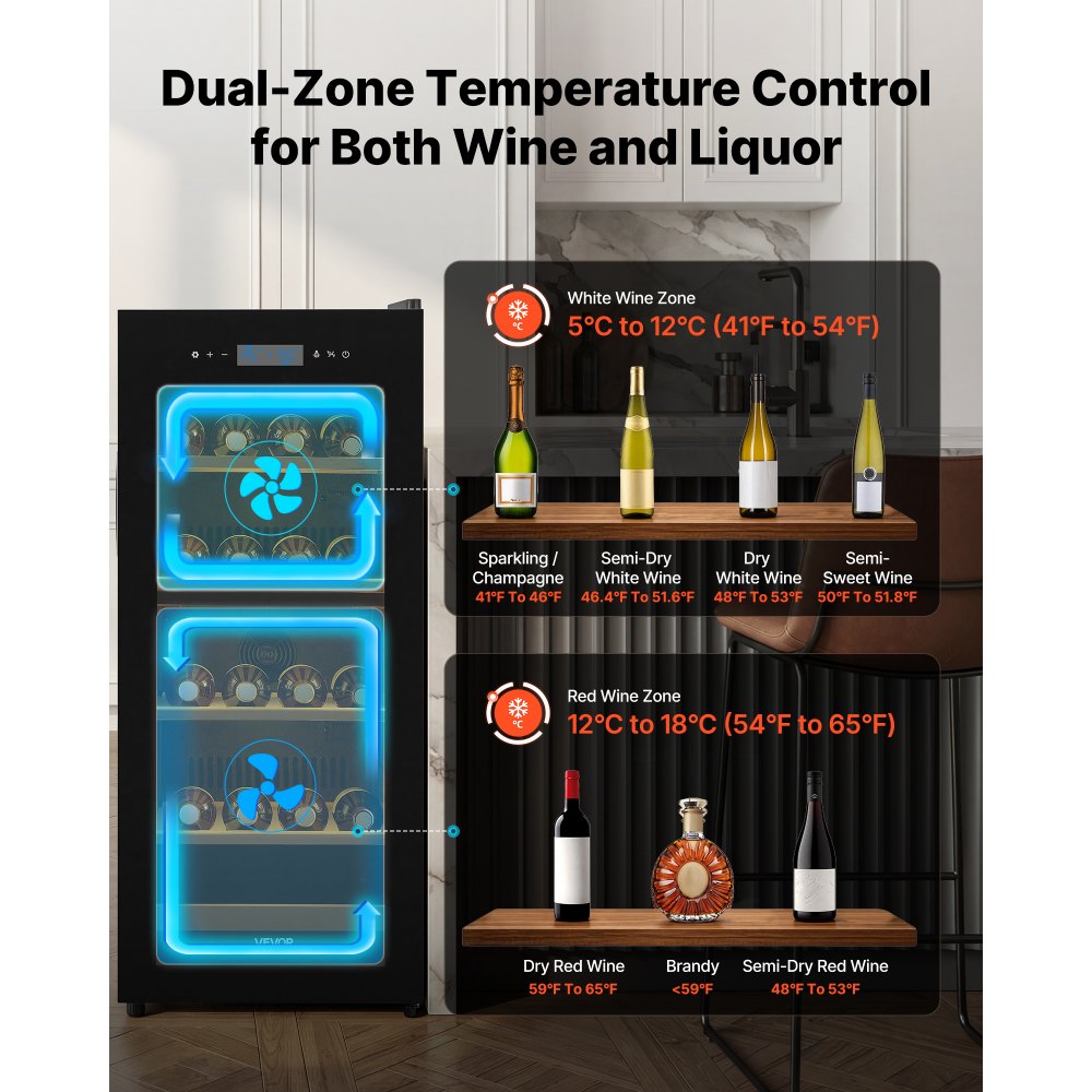 VEVOR 32 Bottle Wine Fridge, Freestanding Wine Cooler Refrigerator, Dual Zone Cooler, 41℉ to 65℉ Adjustable Temp Mini Cellar, Glass Door, For Home Office Bar, Red White Champagne or Sparkling Wines