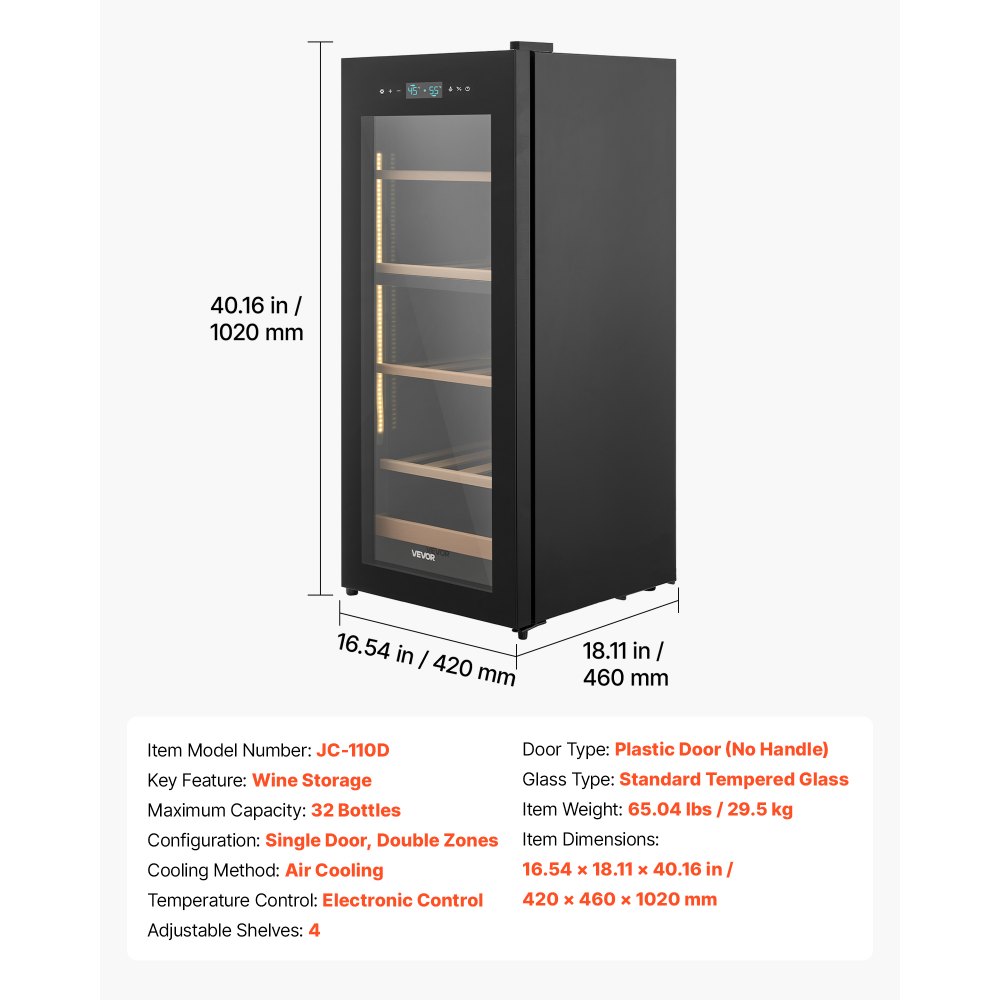 VEVOR 32 Bottle Wine Fridge, Freestanding Wine Cooler Refrigerator, Dual Zone Cooler, 41℉ to 65℉ Adjustable Temp Mini Cellar, Glass Door, For Home Office Bar, Red White Champagne or Sparkling Wines