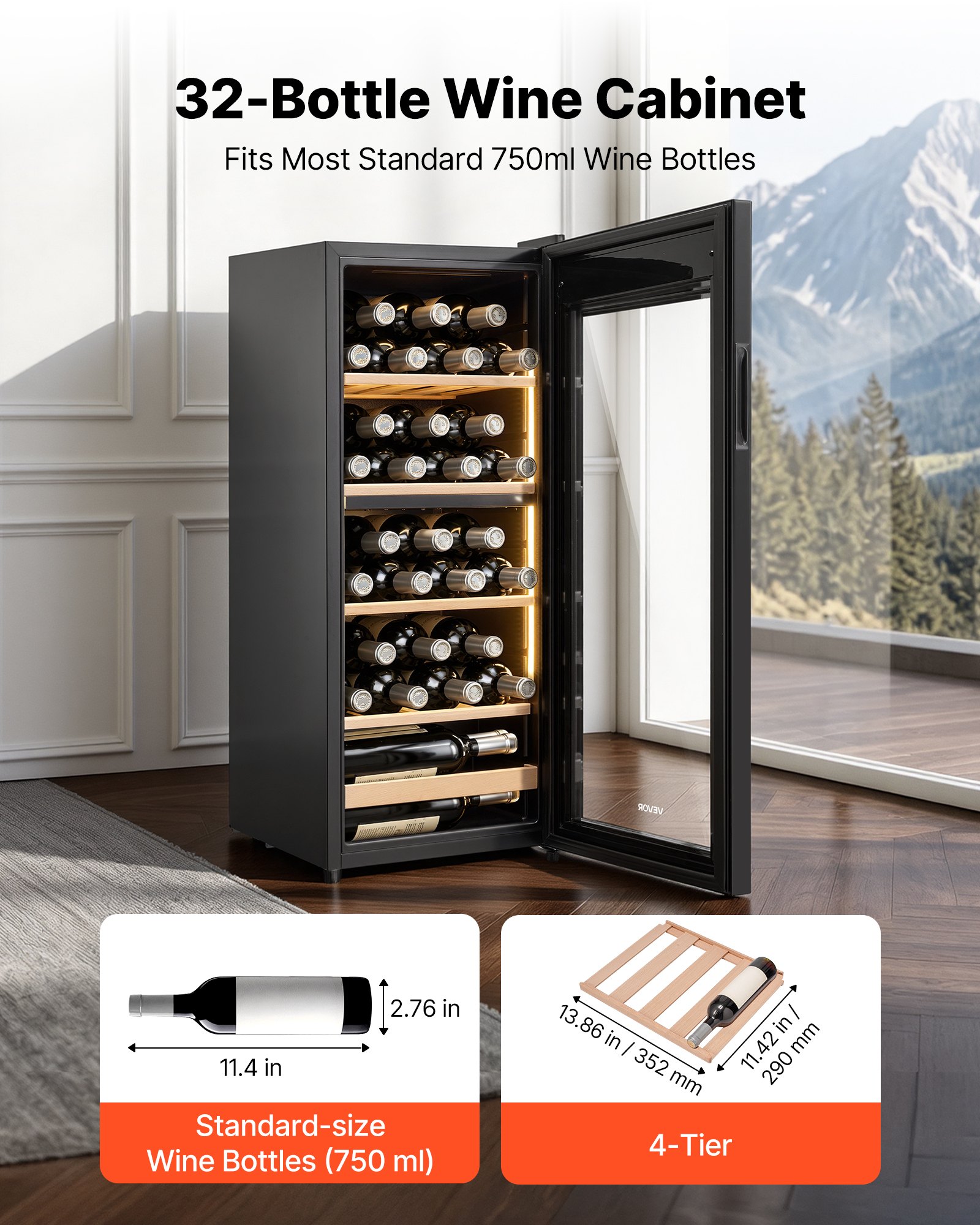 VEVOR 32 Bottle Wine Fridge, Freestanding Wine Cooler Refrigerator, Dual Zone Cooler, 41℉ to 65℉ Adjustable Temp Mini Cellar, Glass Door, For Home Office Bar, Red White Champagne or Sparkling Wines