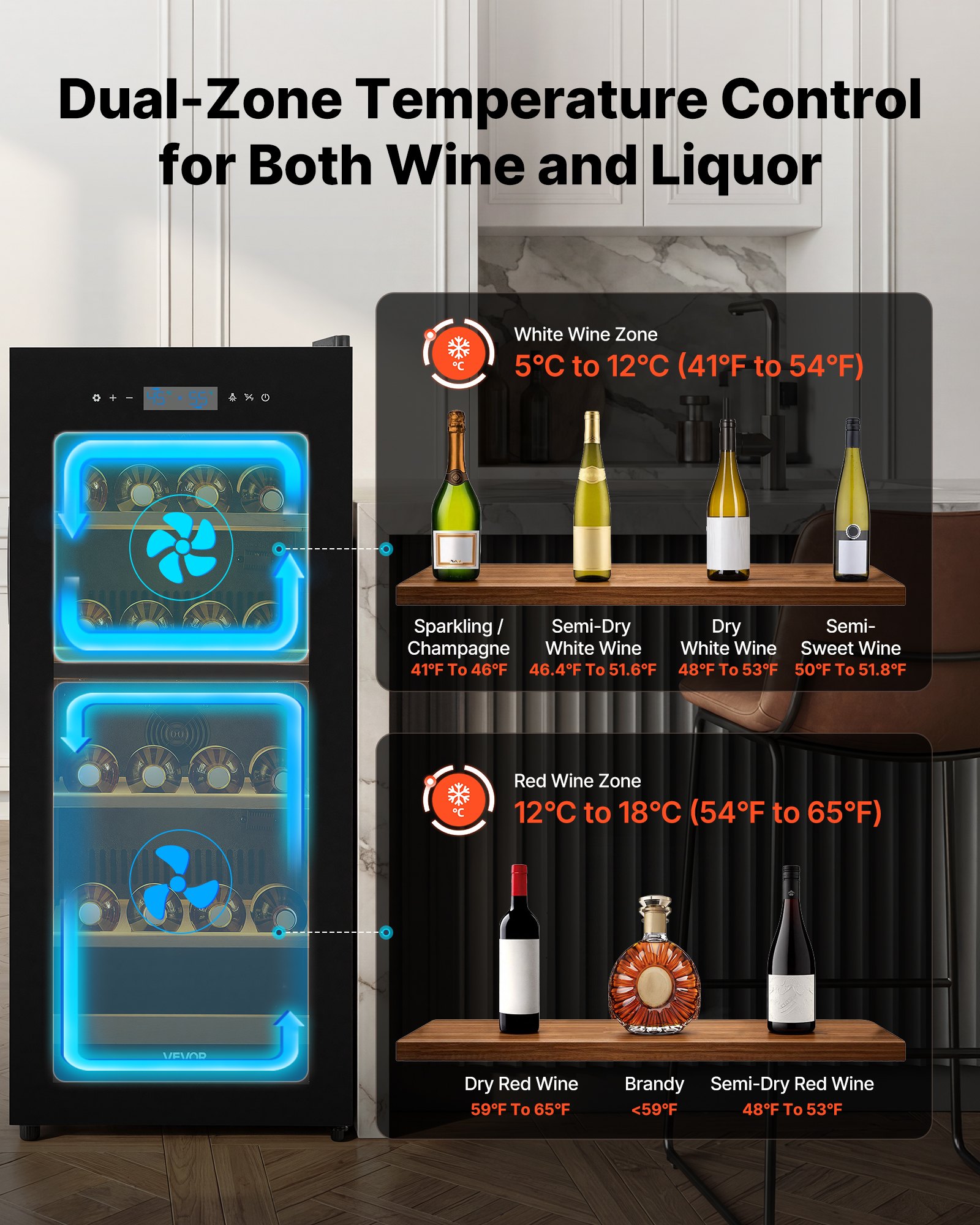 VEVOR 32 Bottle Wine Fridge, Freestanding Wine Cooler Refrigerator, Dual Zone Cooler, 41℉ to 65℉ Adjustable Temp Mini Cellar, Glass Door, For Home Office Bar, Red White Champagne or Sparkling Wines