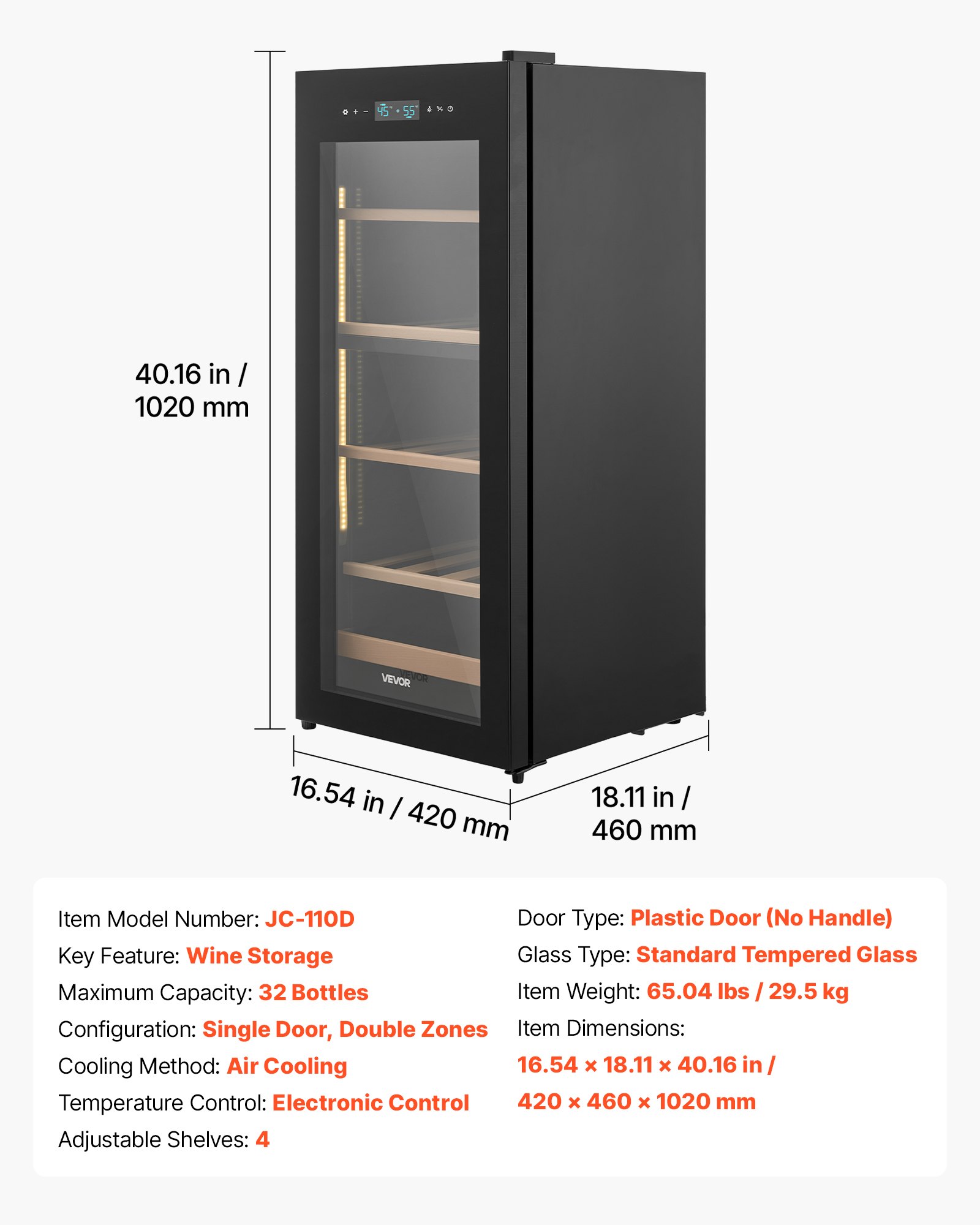 VEVOR 32 Bottle Wine Fridge, Freestanding Wine Cooler Refrigerator, Dual Zone Cooler, 41℉ to 65℉ Adjustable Temp Mini Cellar, Glass Door, For Home Office Bar, Red White Champagne or Sparkling Wines