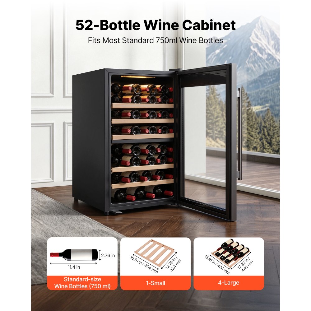 VEVOR 52 Bottle Wine Fridge, Freestanding Wine Cooler Refrigerator, Dual Zone Cooler, 41℉ to 65℉ Adjustable Temp Mini Cellar, Glass Door, For Home Office Bar, Red White Champagne or Sparkling Wines