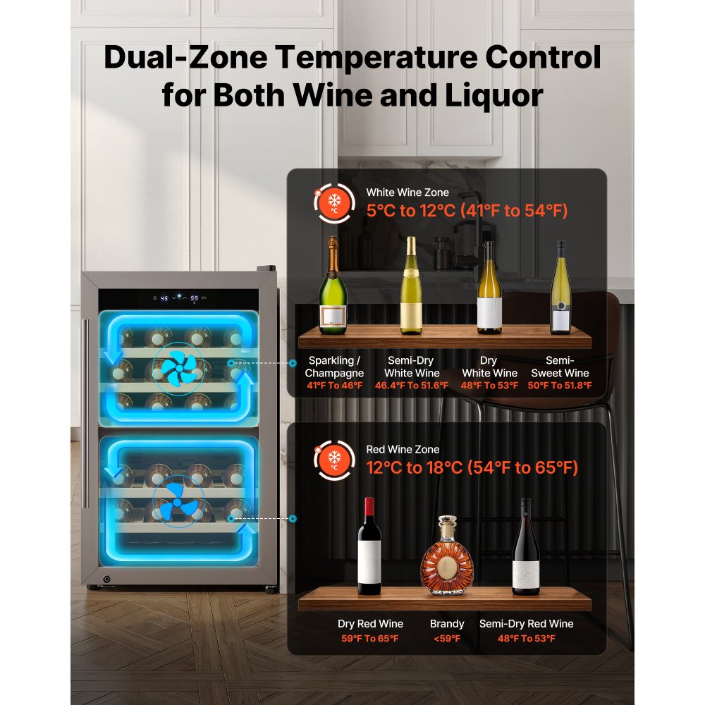 VEVOR 52 Bottle Wine Fridge, Freestanding Wine Cooler Refrigerator, Dual Zone Cooler, 41℉ to 65℉ Adjustable Temp Mini Cellar, Glass Door, For Home Office Bar, Red White Champagne or Sparkling Wines