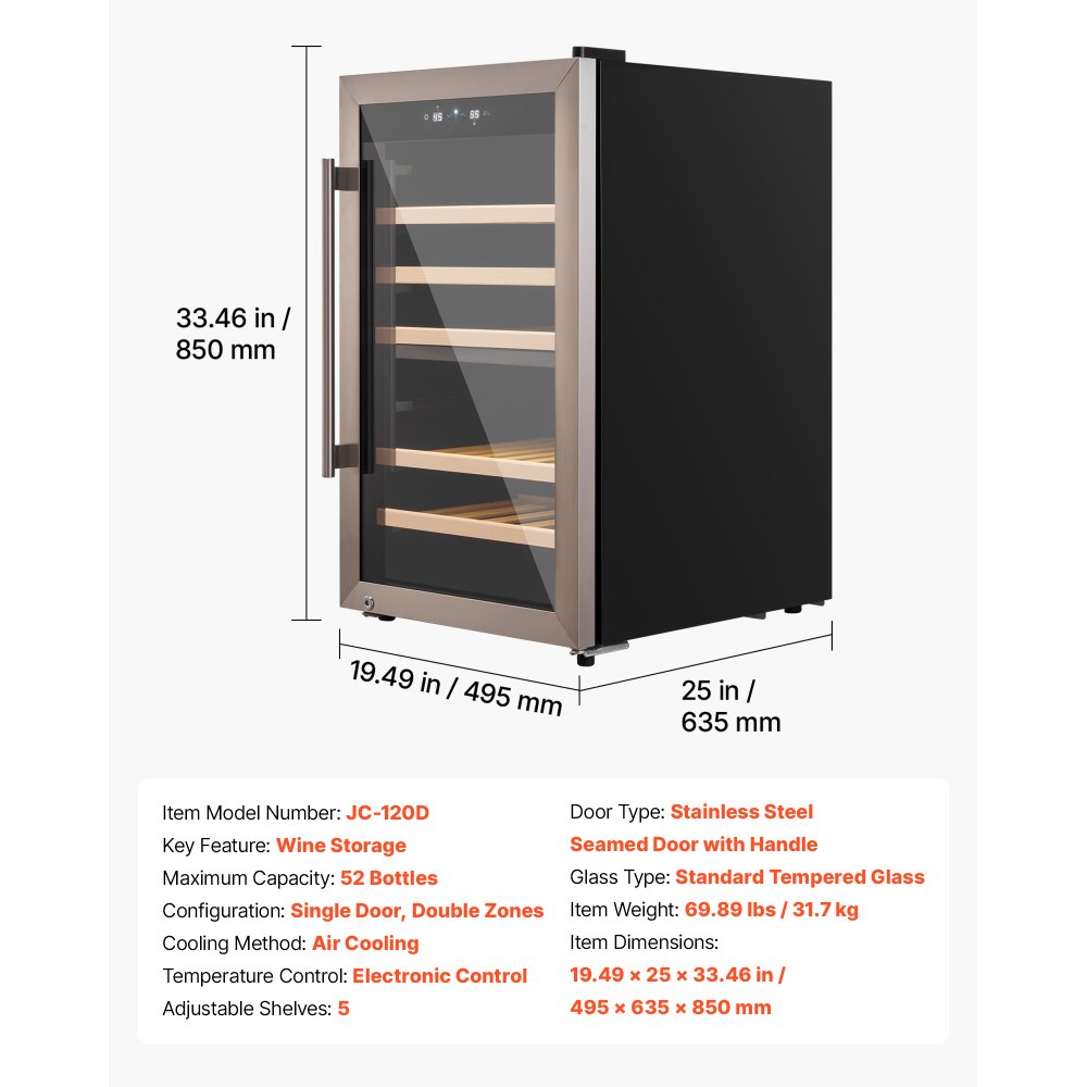 VEVOR 52 Bottle Wine Fridge, Freestanding Wine Cooler Refrigerator, Dual Zone Cooler, 41℉ to 65℉ Adjustable Temp Mini Cellar, Glass Door, For Home Office Bar, Red White Champagne or Sparkling Wines