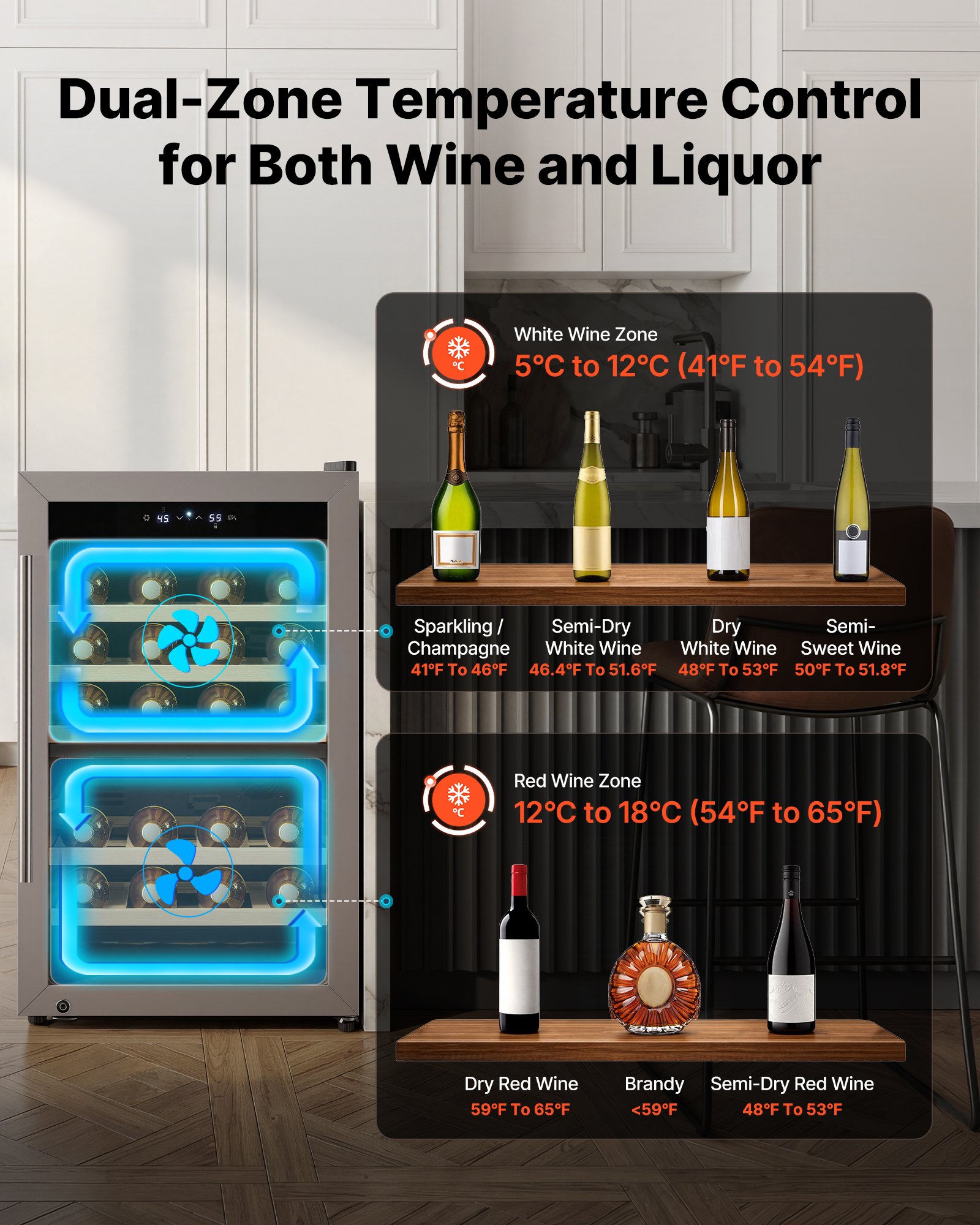 VEVOR 52 Bottle Wine Fridge, Freestanding Wine Cooler Refrigerator, Dual Zone Cooler, 41℉ to 65℉ Adjustable Temp Mini Cellar, Glass Door, For Home Office Bar, Red White Champagne or Sparkling Wines