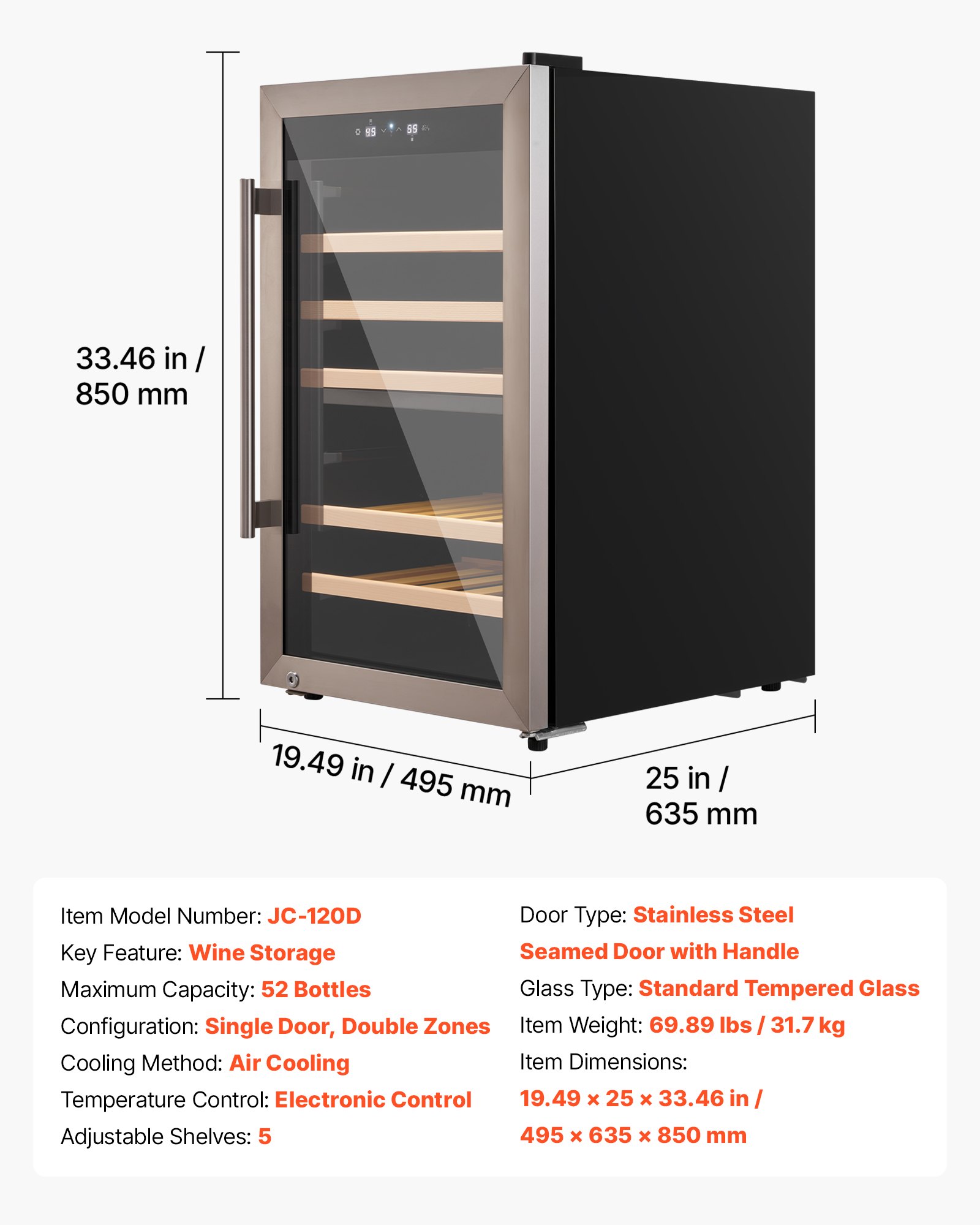 VEVOR 52 Bottle Wine Fridge, Freestanding Wine Cooler Refrigerator, Dual Zone Cooler, 41℉ to 65℉ Adjustable Temp Mini Cellar, Glass Door, For Home Office Bar, Red White Champagne or Sparkling Wines