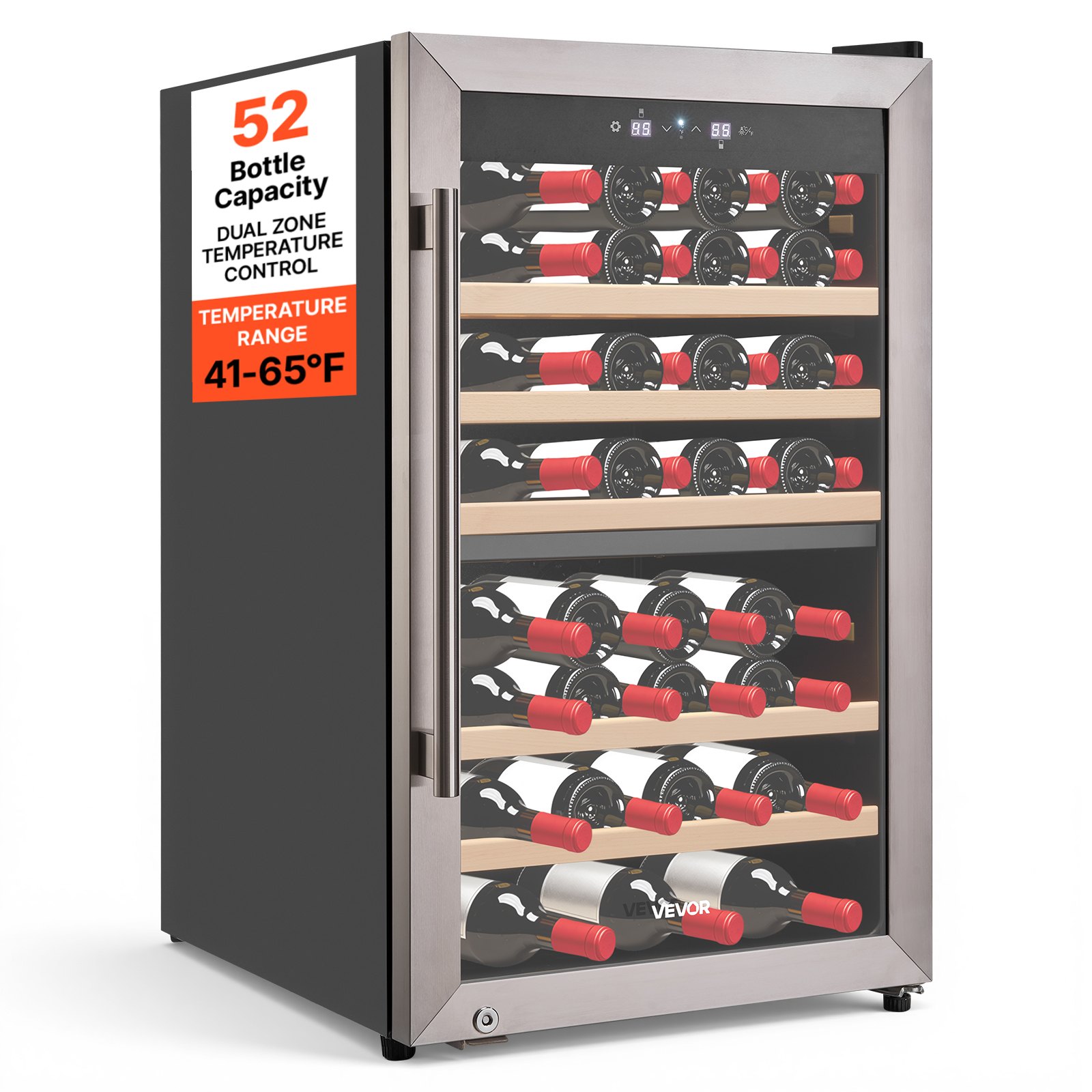 VEVOR 52 Bottle Wine Fridge, Freestanding Wine Cooler Refrigerator, Dual Zone Cooler, 41℉ to 65℉ Adjustable Temp Mini Cellar, Glass Door, For Home Office Bar, Red White Champagne or Sparkling Wines