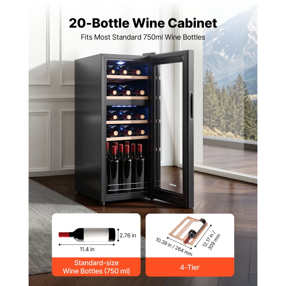 VEVOR 20 Bottle Wine Fridge, Freestanding Wine Cooler Refrigerator, Dual Zone Cooler, 41℉ to 65℉ Adjustable Temp Mini Cellar, Glass Door, For Home Office Bar, Red White Champagne or Sparkling Wines