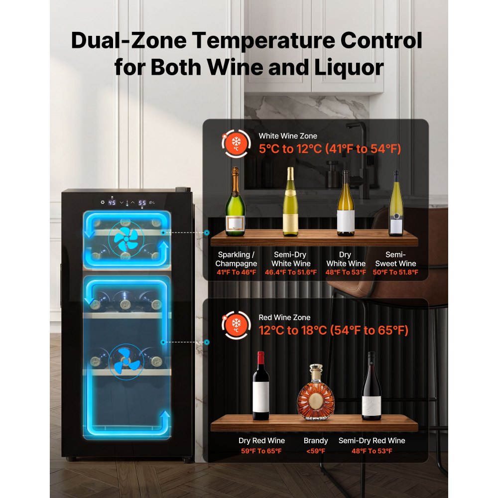 VEVOR 20 Bottle Wine Fridge, Freestanding Wine Cooler Refrigerator, Dual Zone Cooler, 41℉ to 65℉ Adjustable Temp Mini Cellar, Glass Door, For Home Office Bar, Red White Champagne or Sparkling Wines