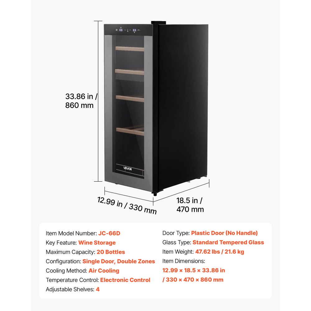 VEVOR 20 Bottle Wine Fridge, Freestanding Wine Cooler Refrigerator, Dual Zone Cooler, 41℉ to 65℉ Adjustable Temp Mini Cellar, Glass Door, For Home Office Bar, Red White Champagne or Sparkling Wines