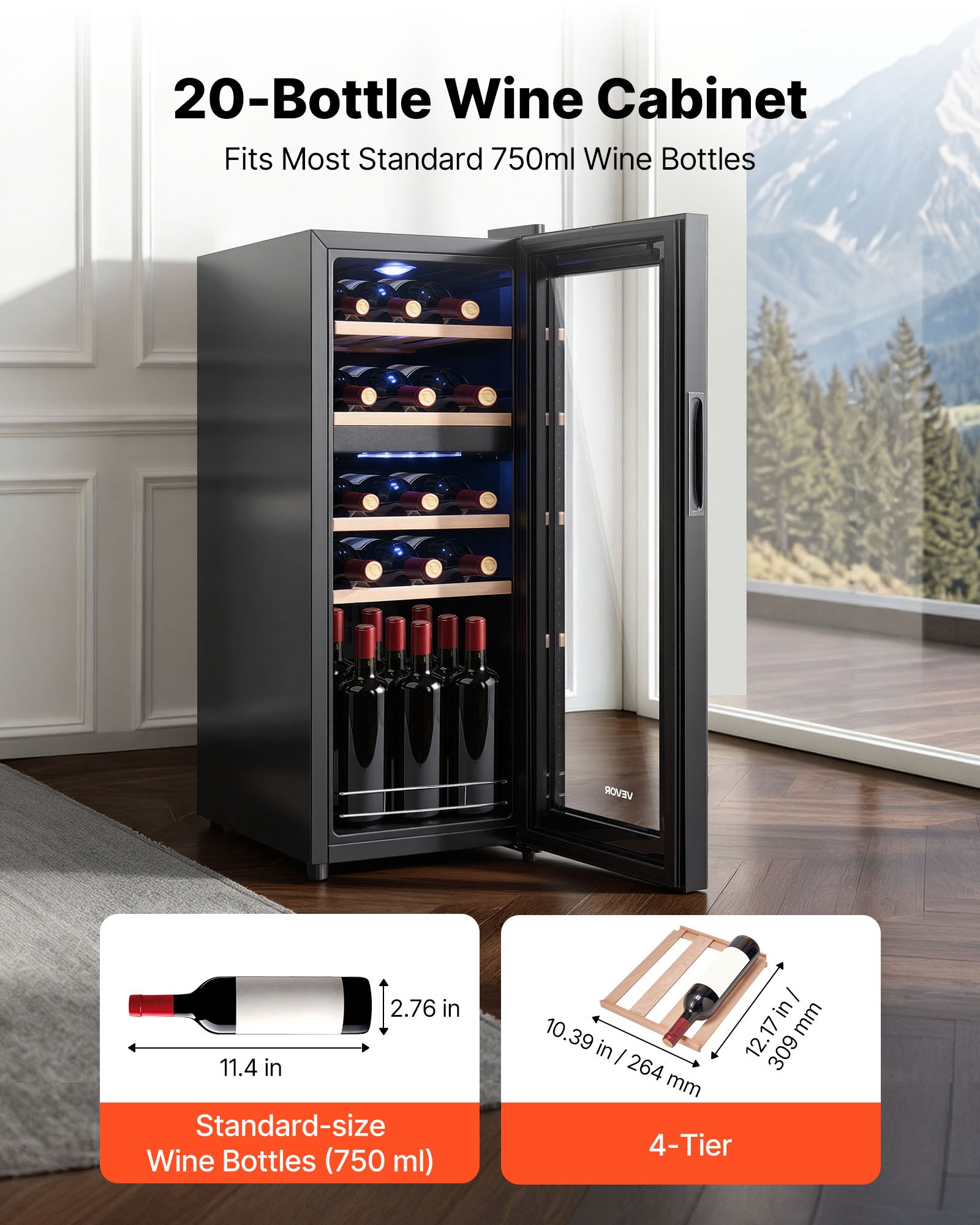 VEVOR 20 Bottle Wine Fridge, Freestanding Wine Cooler Refrigerator, Dual Zone Cooler, 41℉ to 65℉ Adjustable Temp Mini Cellar, Glass Door, For Home Office Bar, Red White Champagne or Sparkling Wines
