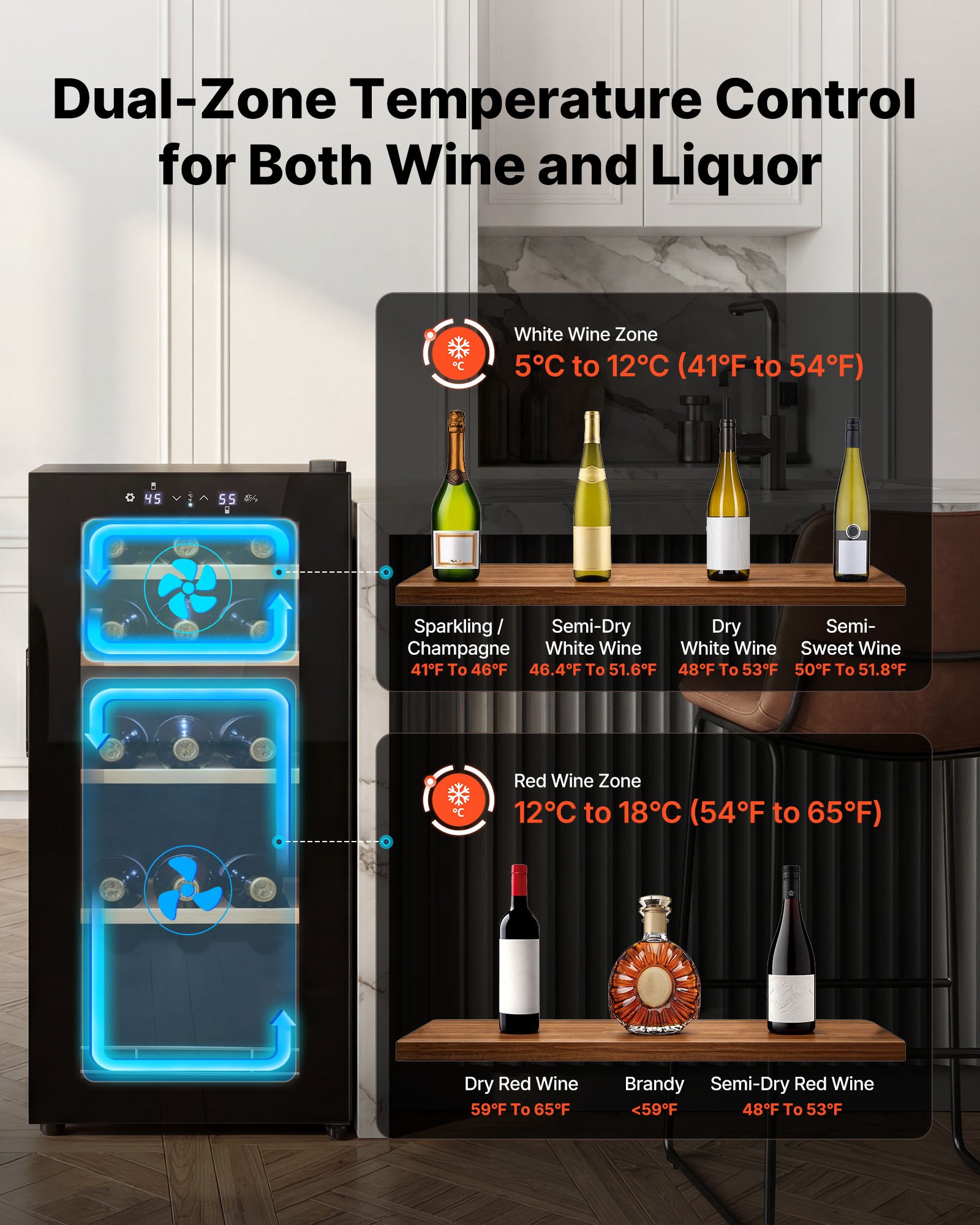 VEVOR 20 Bottle Wine Fridge, Freestanding Wine Cooler Refrigerator, Dual Zone Cooler, 41℉ to 65℉ Adjustable Temp Mini Cellar, Glass Door, For Home Office Bar, Red White Champagne or Sparkling Wines