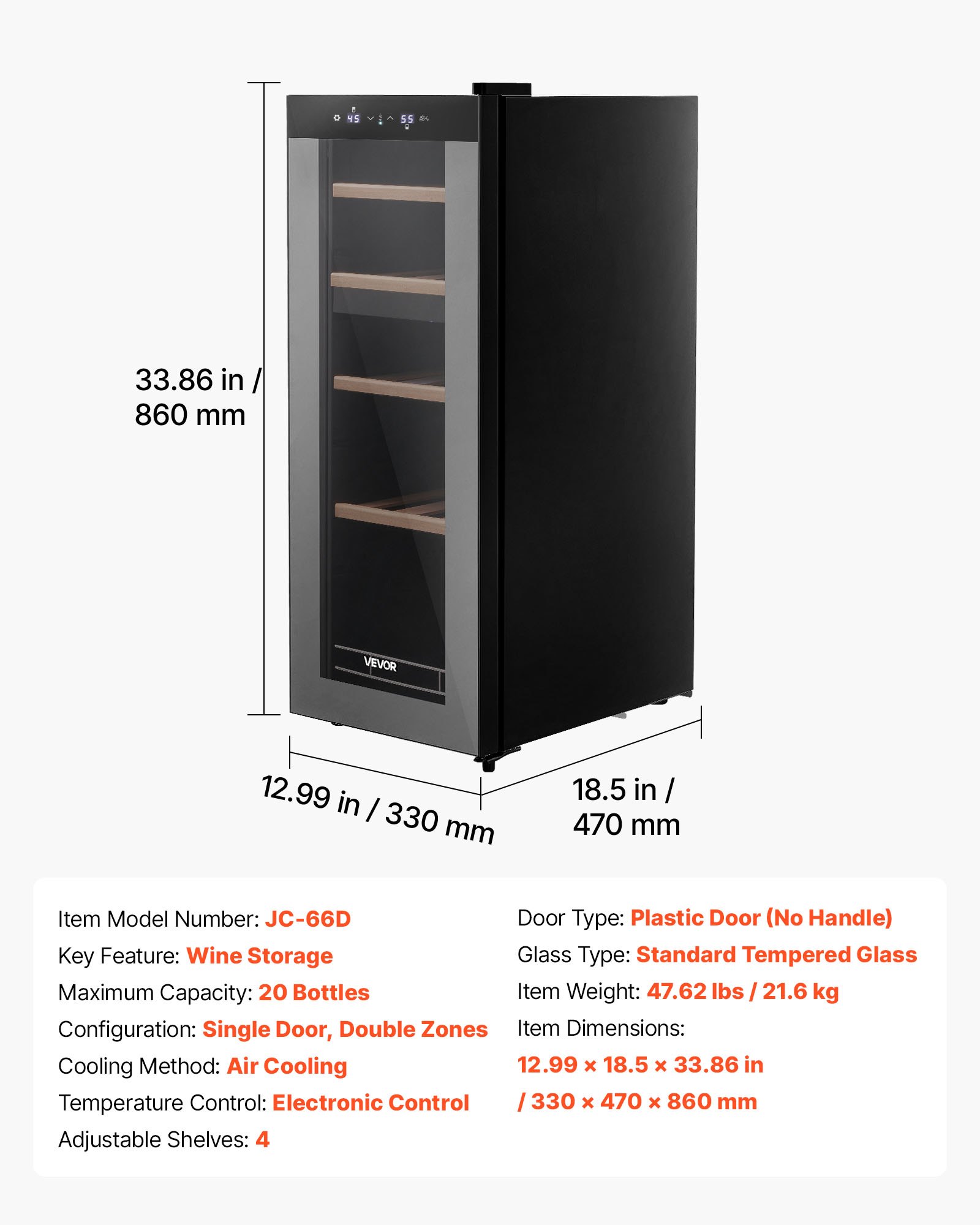 VEVOR 20 Bottle Wine Fridge, Freestanding Wine Cooler Refrigerator, Dual Zone Cooler, 41℉ to 65℉ Adjustable Temp Mini Cellar, Glass Door, For Home Office Bar, Red White Champagne or Sparkling Wines