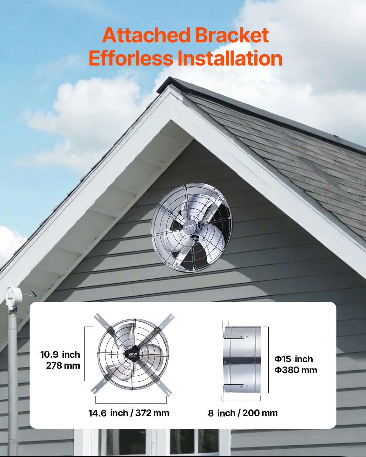 VEVOR Gable Mount Fan, 15 Inch Attic Exhaust Fan with Adjustable Thermostat & Outer Mesh, 1300 CFM House Ventilator Cools Up to 1850 Sq.Ft, Quiet Ventilation for Roof, Garage & Shop, Galvanized Color