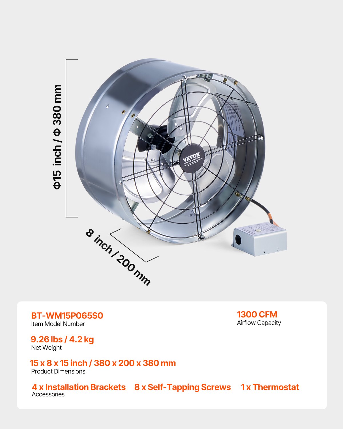 VEVOR Gable Mount Fan, 15 Inch Attic Exhaust Fan with Adjustable Thermostat & Outer Mesh, 1300 CFM House Ventilator Cools Up to 1850 Sq.Ft, Quiet Ventilation for Roof, Garage & Shop, Galvanized Color