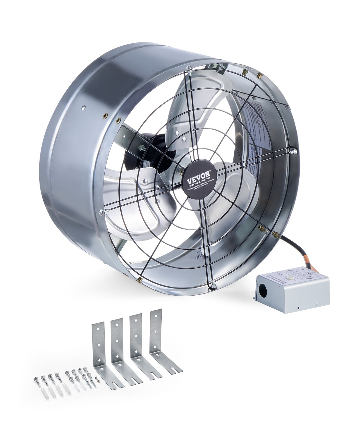 VEVOR Gable Mount Fan, 15 Inch Attic Exhaust Fan with Adjustable Thermostat & Outer Mesh, 1300 CFM House Ventilator Cools Up to 1850 Sq.Ft, Quiet Ventilation for Roof, Garage & Shop, Galvanized Color