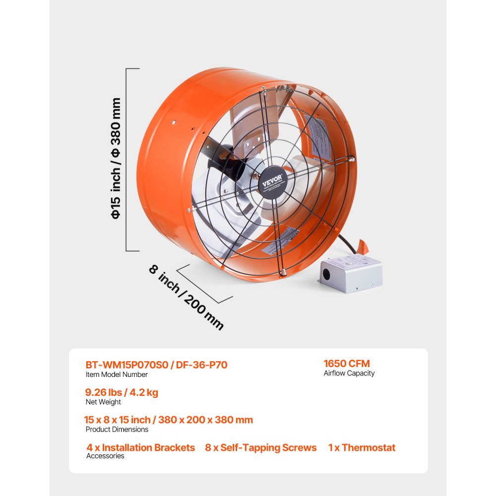 VEVOR Gable Mount Fan, 15 Inch Attic Exhaust Fan with Adjustable Thermostat & Outer Mesh, 1650 CFM House Ventilator Cools Up to 2360 Sq.Ft, Quiet Ventilation for Roof, Garage & Shop, Vibrant Orange