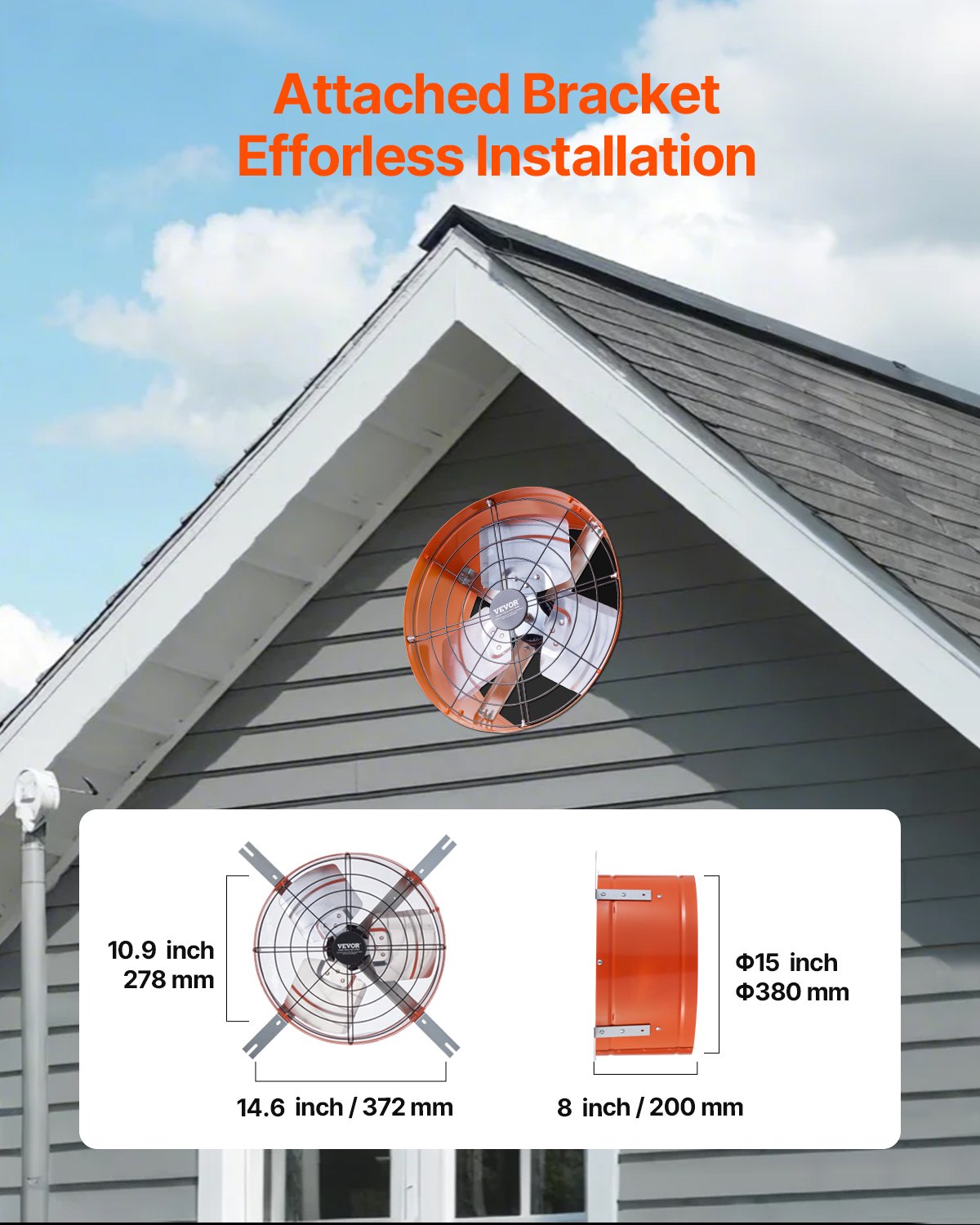VEVOR Gable Mount Fan, 15 Inch Attic Exhaust Fan with Adjustable Thermostat & Outer Mesh, 1650 CFM House Ventilator Cools Up to 2360 Sq.Ft, Quiet Ventilation for Roof, Garage & Shop, Vibrant Orange