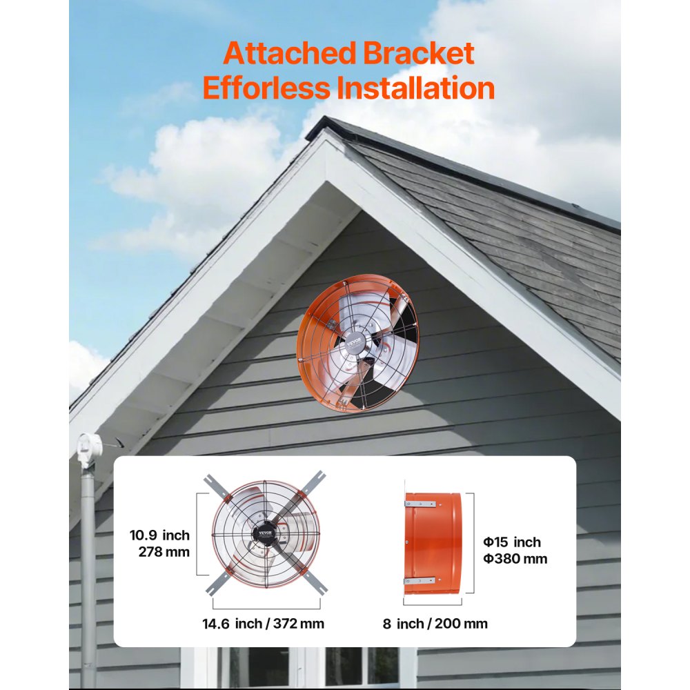 VEVOR Gable Mount Fan, 380 mm Attic Exhaust Fan with Adjustable Thermostat & Outer Mesh, 1650 CFM House Ventilator Cools Up to 2360 Sq.Ft, Quiet Ventilation for Roof, Garage & Shop, Vibrant Orange