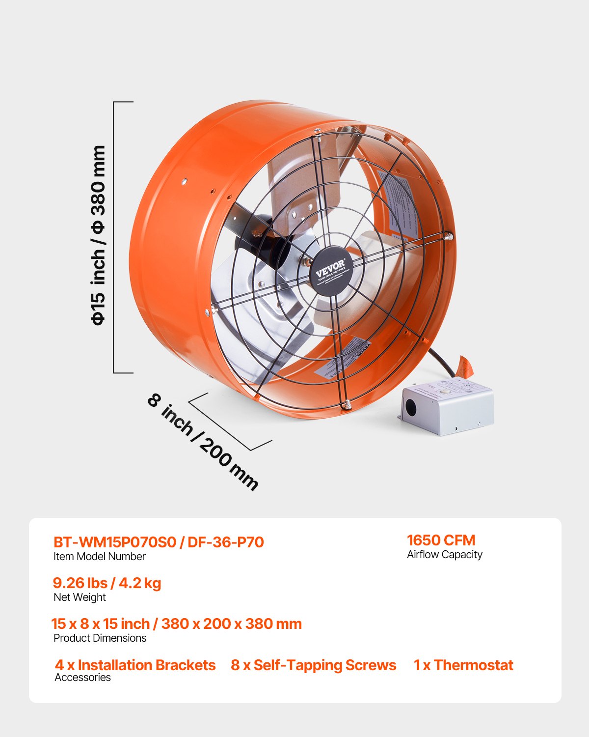 VEVOR Gable Mount Fan, 380 mm Attic Exhaust Fan with Adjustable Thermostat & Outer Mesh, 1650 CFM House Ventilator Cools Up to 2360 Sq.Ft, Quiet Ventilation for Roof, Garage & Shop, Vibrant Orange