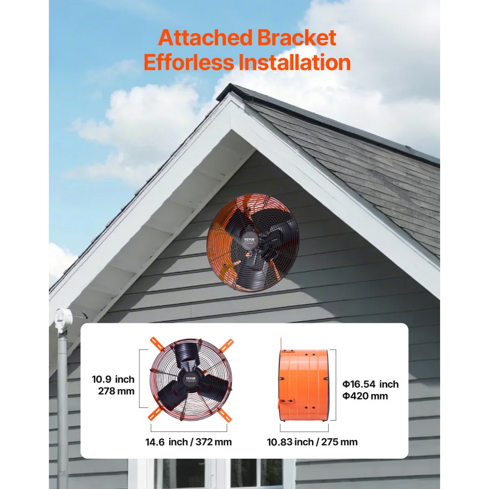 VEVOR Gable Mount Fan, 16 Inch Attic Exhaust Fan with Adjustable Thermostat & Outer Mesh, 2940 CFM House Ventilator Cools Up to 4200 Sq.Ft, Quiet Ventilation for Roof, Garage & Shop, Vibrant Orange