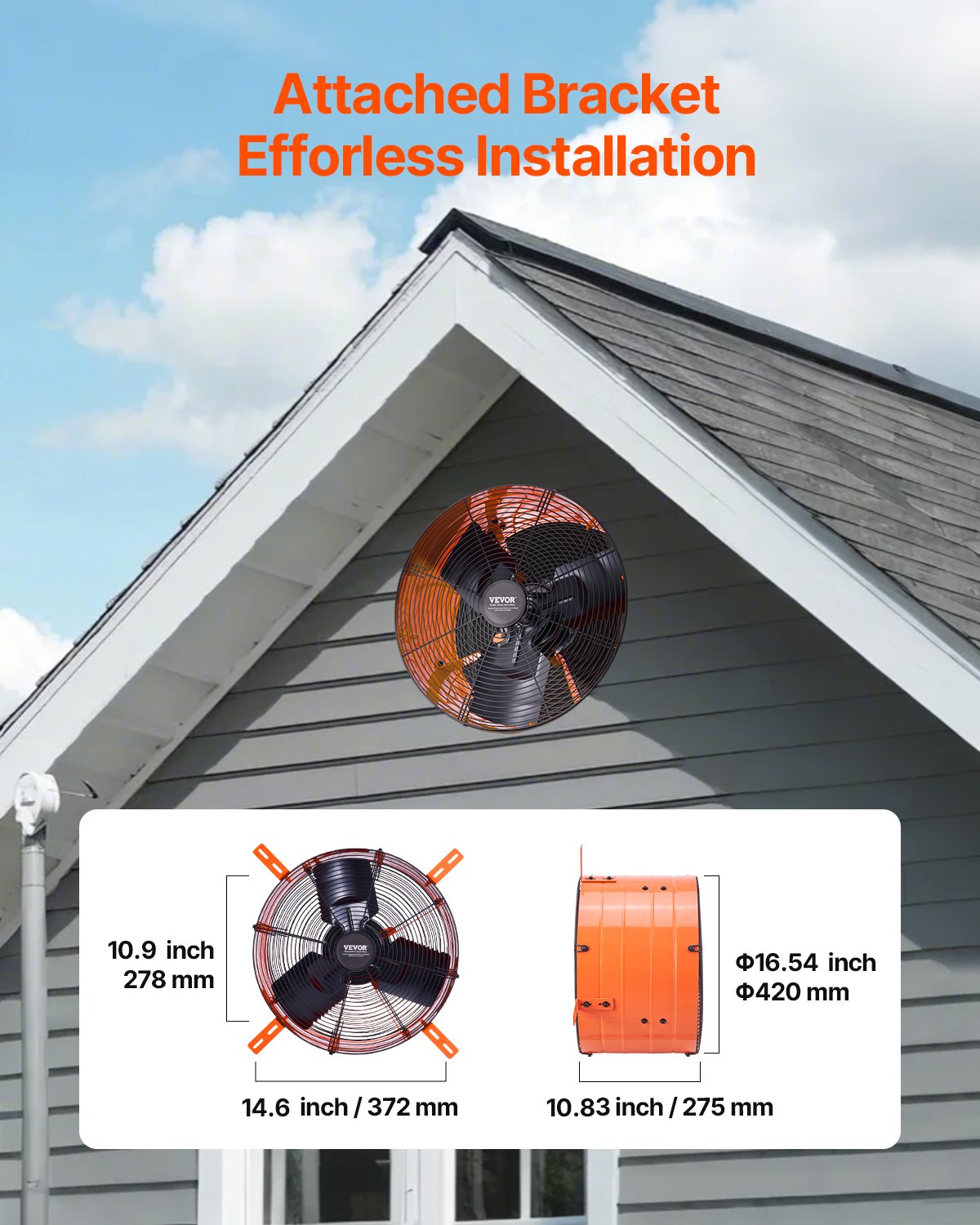 VEVOR Gable Mount Fan, 16 Inch Attic Exhaust Fan with Adjustable Thermostat & Outer Mesh, 2940 CFM House Ventilator Cools Up to 4200 Sq.Ft, Quiet Ventilation for Roof, Garage & Shop, Vibrant Orange